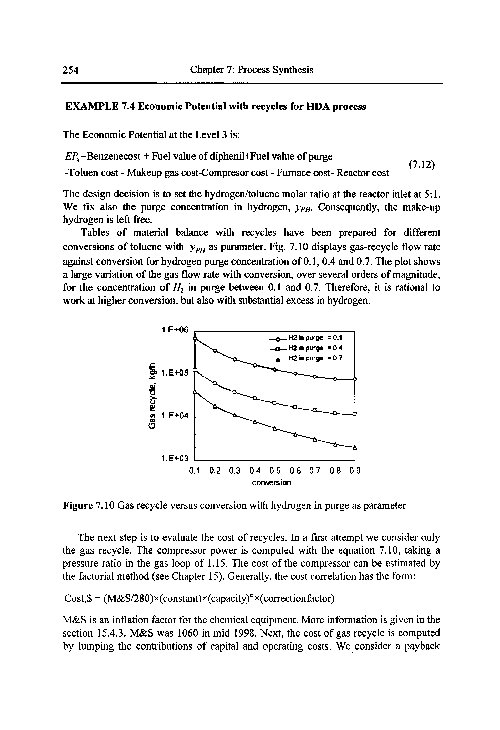 Tables of material balance with recycles have been prepared for different conversions of toluene with yp as parameter. Fig. 7.10 displays gas-recycle flow rate against conversion for hydrogen purge concentration of 0.1, 0.4 and 0.7. The plot shows a large variation of the gas flow rate with conversion, over several orders of magnitude, for the concentration of H2 in purge between 0.1 and 0.7. Therefore, it is rational to work at higher conversion, but also with substantial excess in hydrogen.