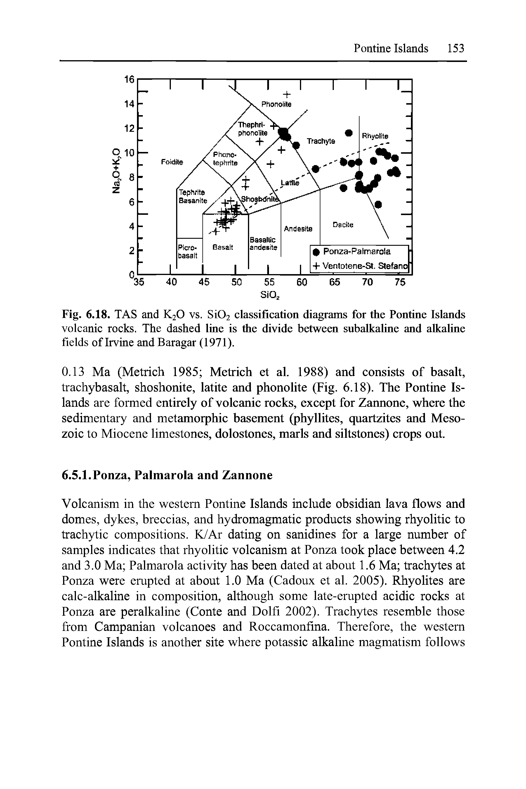 Fig. 6.18. TAS and K20 vs. Si02 classification diagrams for the Pontine Islands volcanic rocks. The dashed line is the divide between subalkaline and alkaline fields of Irvine and Baragar (1971).