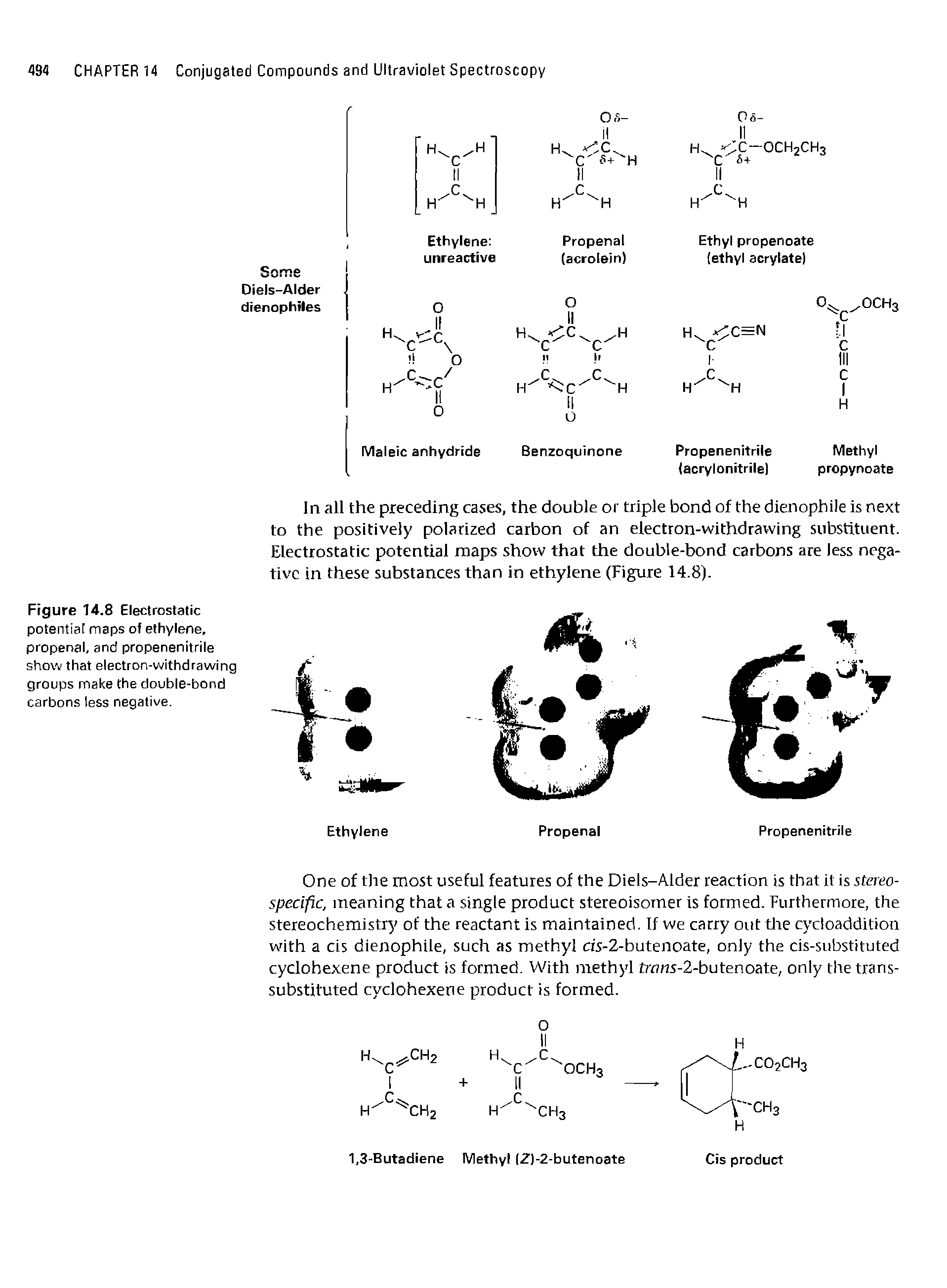 Figure 14.8 Electrostatic potential maps of ethylene, propenal, and propenenitrile show that electron-withdrawing groups make the double-bond carbons less negative.