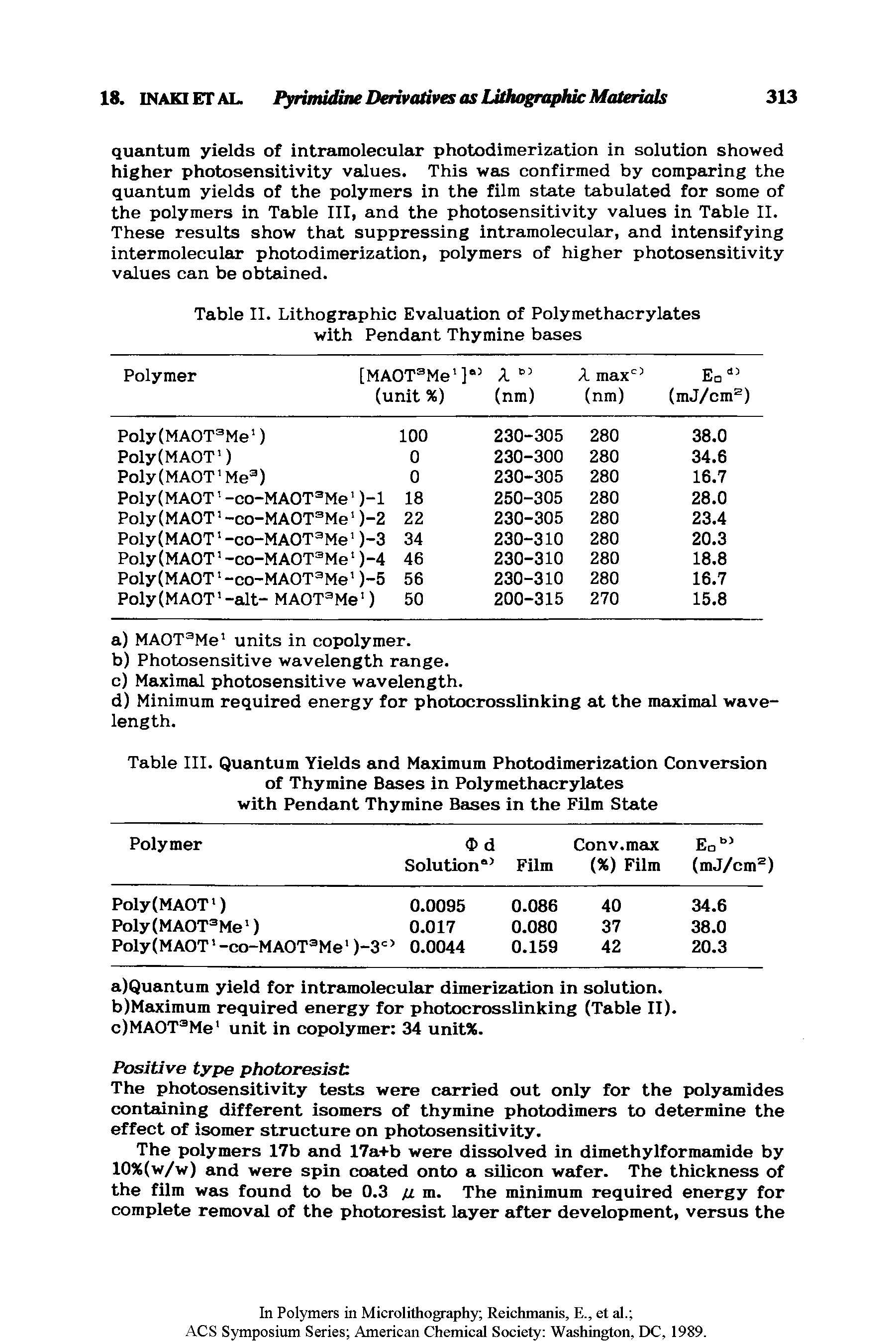 Table II. Lithographic Evaluation of Polymethacrylates with Pendant Thymine bases...