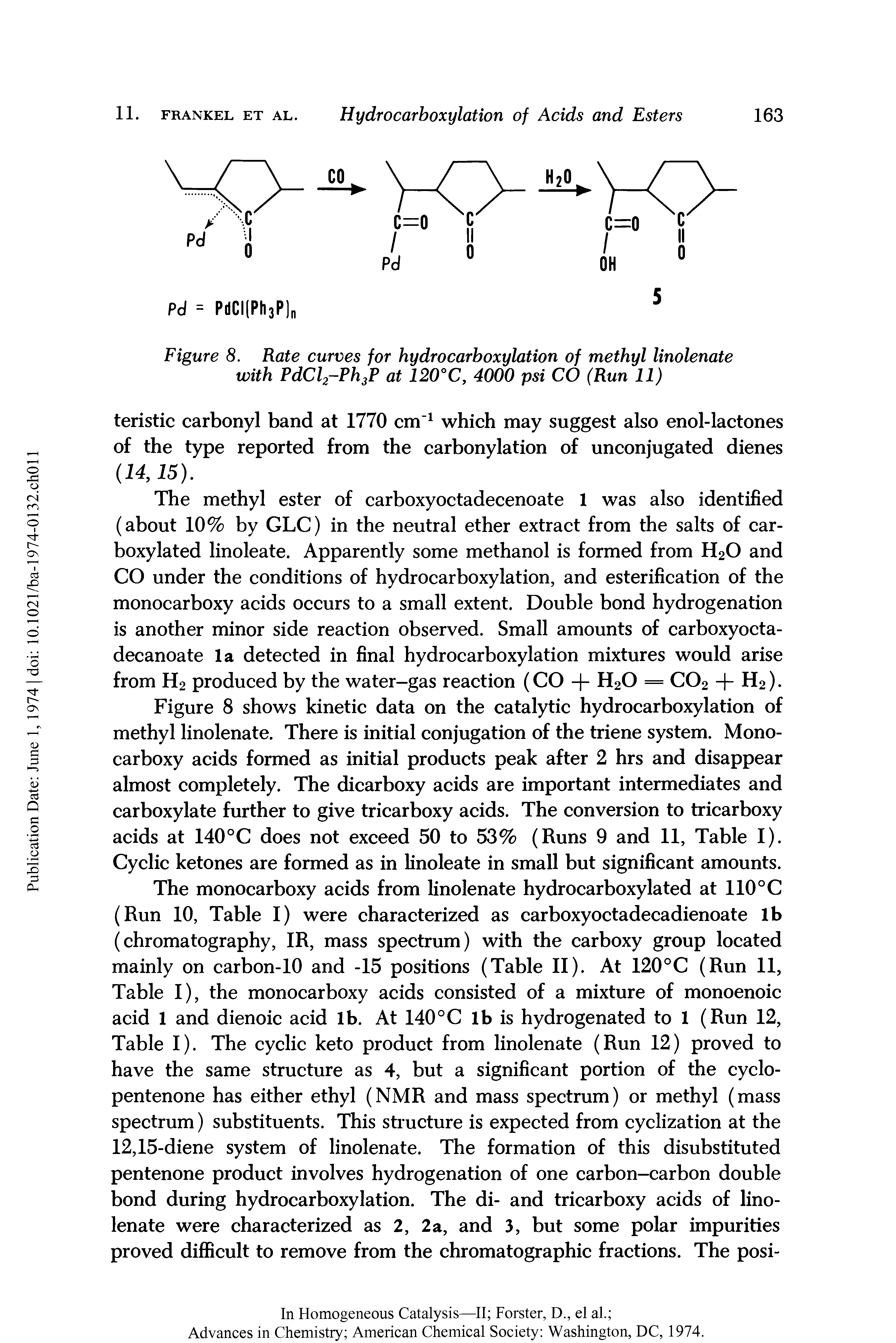 Figure 8. Rate curves for hydrocarboxylation of methyl linolenate with PdCl2-Ph3P at 120°C, 4000 psi CO (Run 11)...