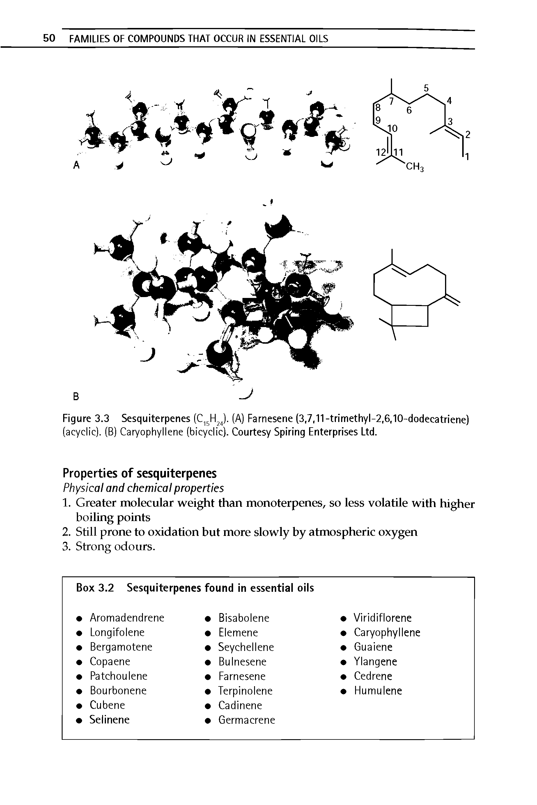 Figure 3.3 Sesquiterpenes (C15H24). (A) Farnesene (3,7,11-trimethyl-2l6l10-dodeeatriene) (acyclic). (B) Caryophyllene (bicyclic). Courtesy Spiring Enterprises Ltd.