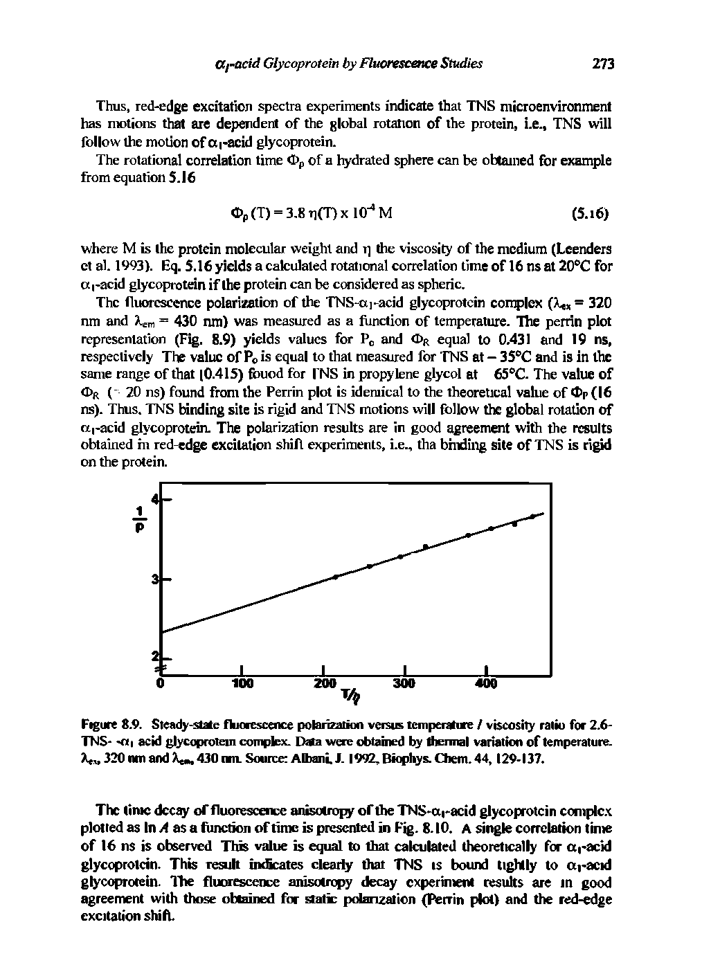 Figure 8.9. Steady-state fluorescence polarization veisis temperatm / viscosity ratio for 2.6-TNS- ni acid glycoprotein cxmiplex. DSa were obtained by Ihennal variation of temperature. X u 320 nm and XcB, 430 nm. Source Albani, J. l992,Biopliys.Chem.44,129-137.