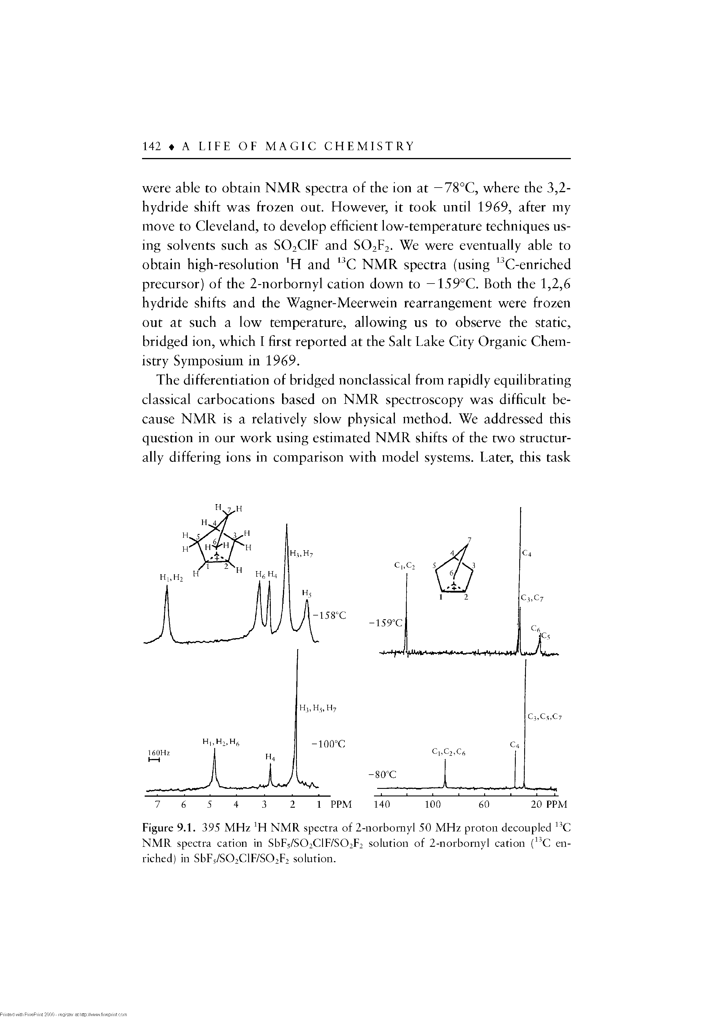 Figure 9.1. 395 MHz M NMR spectra of 2-iiorbornyl 50 MHz proton decoupled C NMR spectra cation in SbF5/S02CIF/S02F2 solution of 2-norbornyl cation ( C enriched) in SbF5/S02ClF/S02F2 solution.