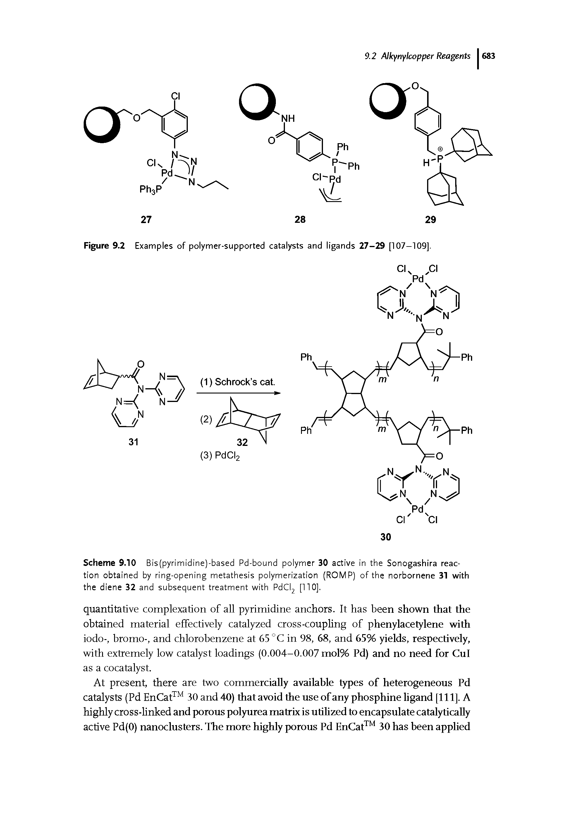 Scheme 9.10 Bis(pyrimidine)-based Pd-bound polymer 30 active in the Sonogashira reaction obtained by ring-opening metathesis polymerization (ROMP) of the norbornene 31 with the diene 32 and subsequent treatment with PdClj [110].