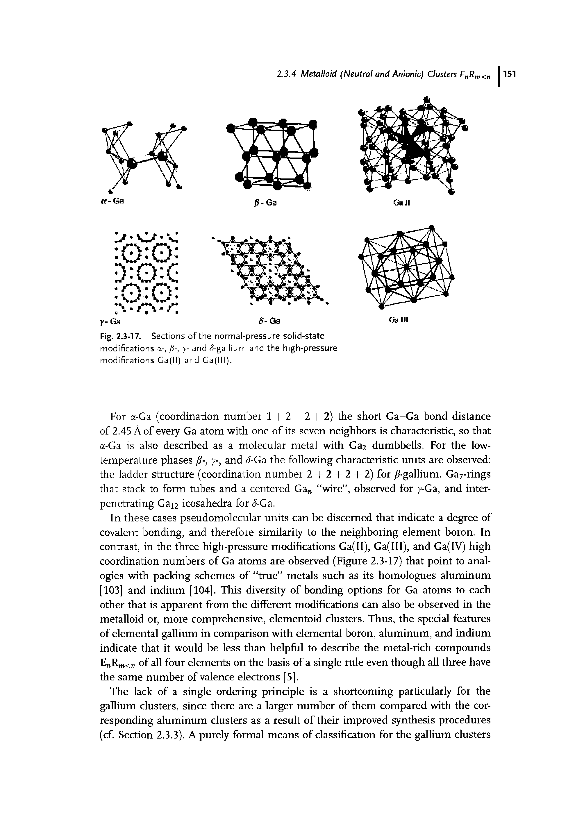 Fig. 2.3-17. Sections of the normal-pressure solid-state modifications a-, [i-, y- and (5-gallium and the high-pressure modifications Ga(ll) and Ga(lll).