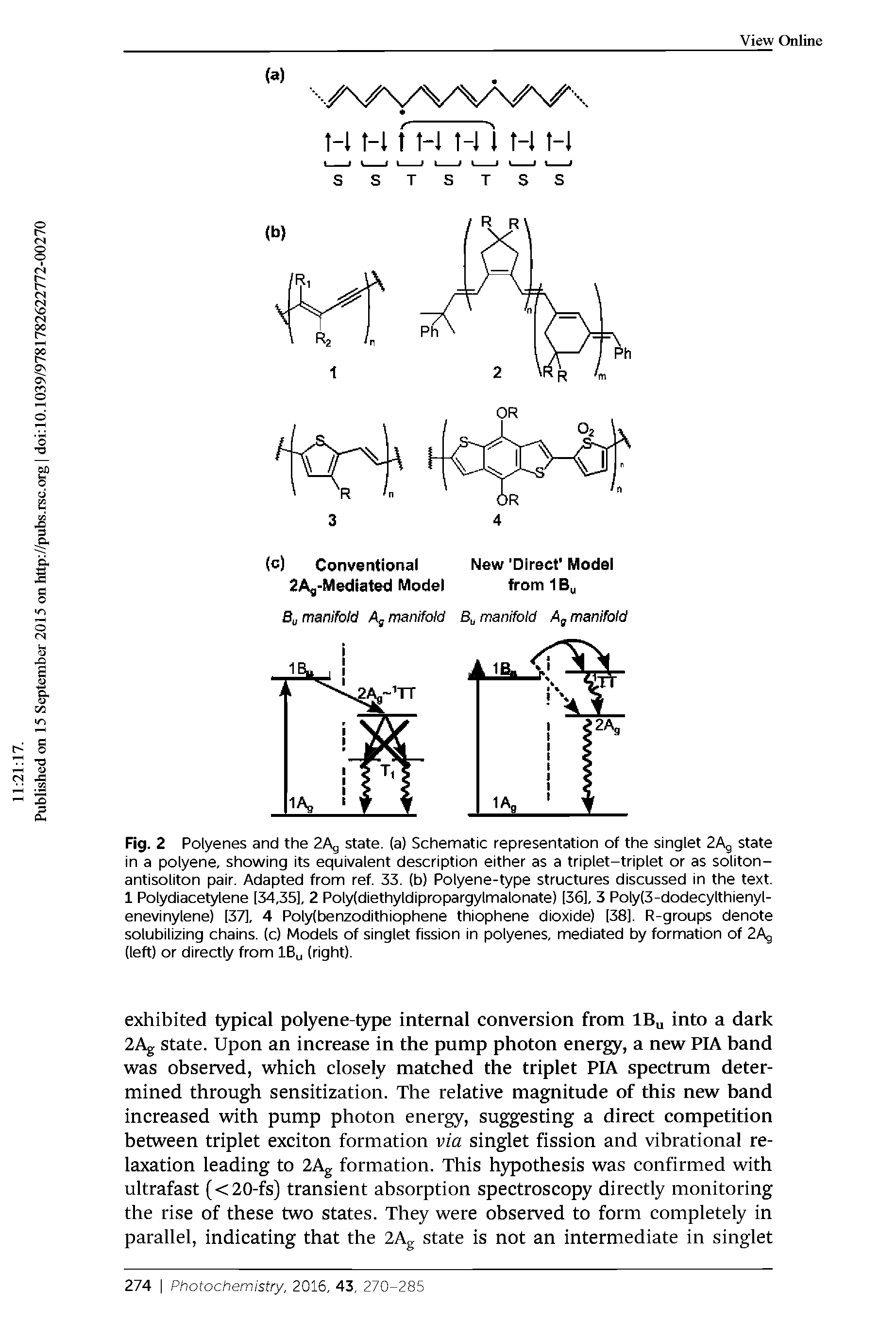 Fig. 2 Polyenes and the 2 state, (a) Schematic representation of the singlet 2Ag state in a polyene, showing its equivalent description either as a triplet-triplet or as soliton-antisoliton pair. Adapted from ref. 33. (b) Polyene-type structures discussed in the text. 1 Polydiacetylene [34,35], 2 Poly(diethyldipropargylmalonate) 136], 3 Poly(3-dodecylthienyl-enevinylene) [37], 4 Polyibenzodithiophene thiophene dioxide) [38]. R-groups denote solubilizing chains, (c) Models of singlet fission in polyenes, mediated by formation of 2Ag (left) or directly from IBu (right).