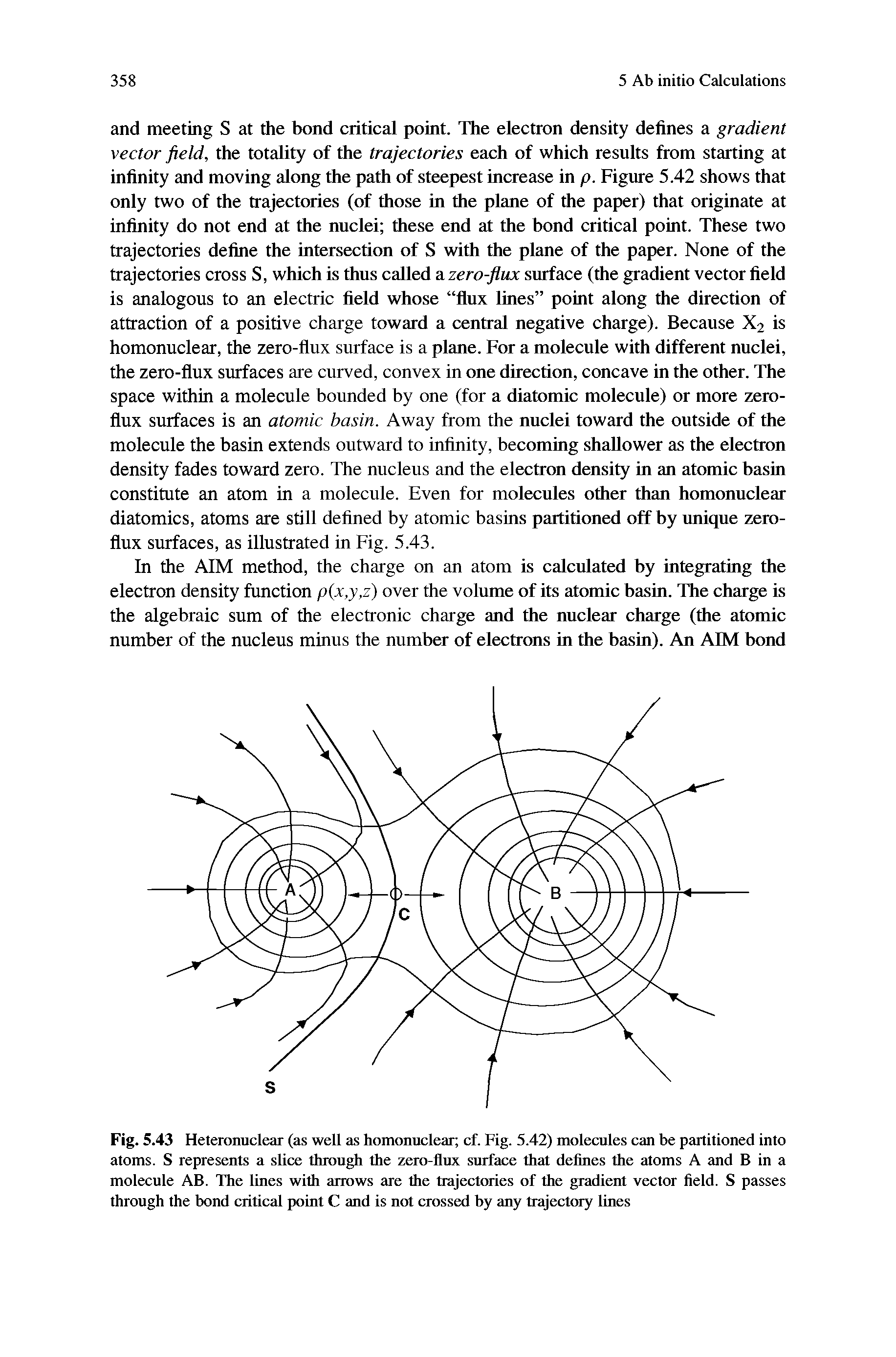 Fig. 5.43 Heteronuclear (as well as homonuclear cf. Fig. 5.42) molecules can be partitioned into atoms. S represents a slice through the zero-flux surface that defines the atoms A and B in a molecule AB. The lines with arrows are the trajectories of the gradient vector field. S passes through the bond critical point C and is not crossed by any trajectory lines...