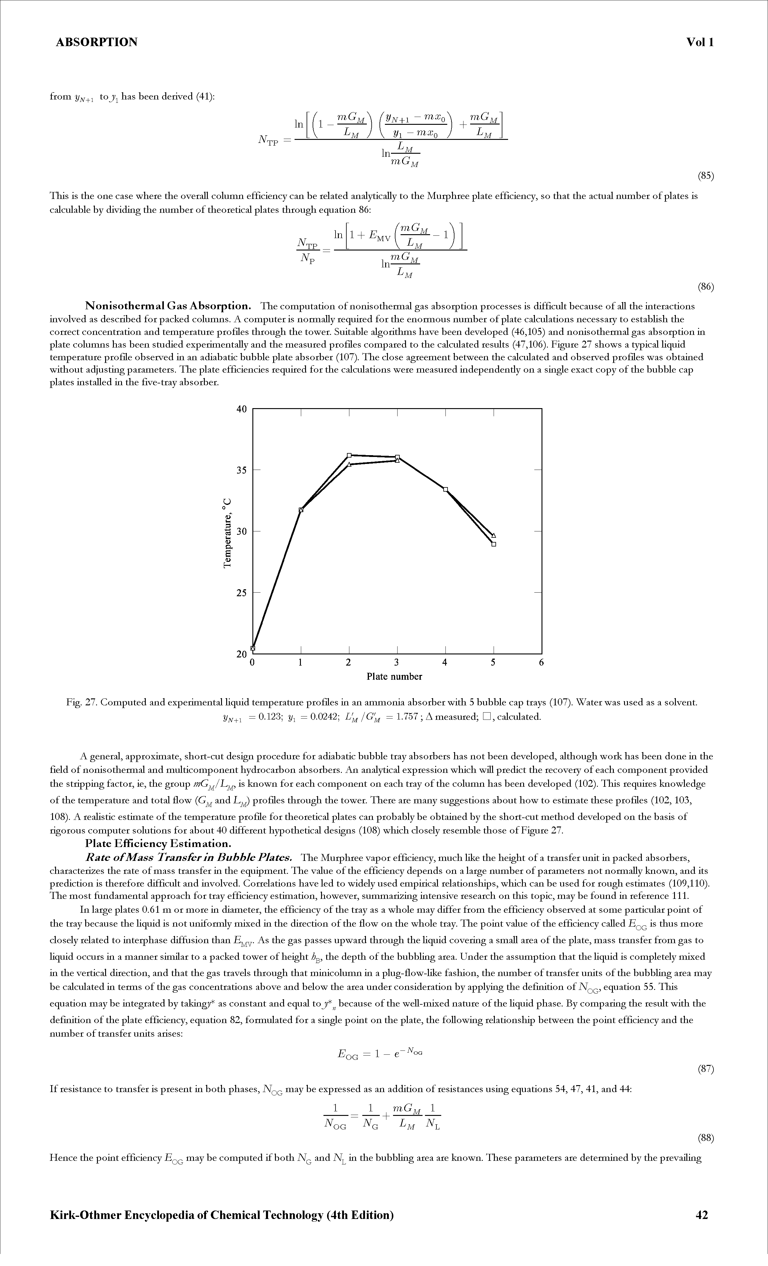 Fig. 27. Computed and experimental Hquid temperature profiles in an ammonia absorber with 5 bubble cap trays (107). Water was used as a solvent.