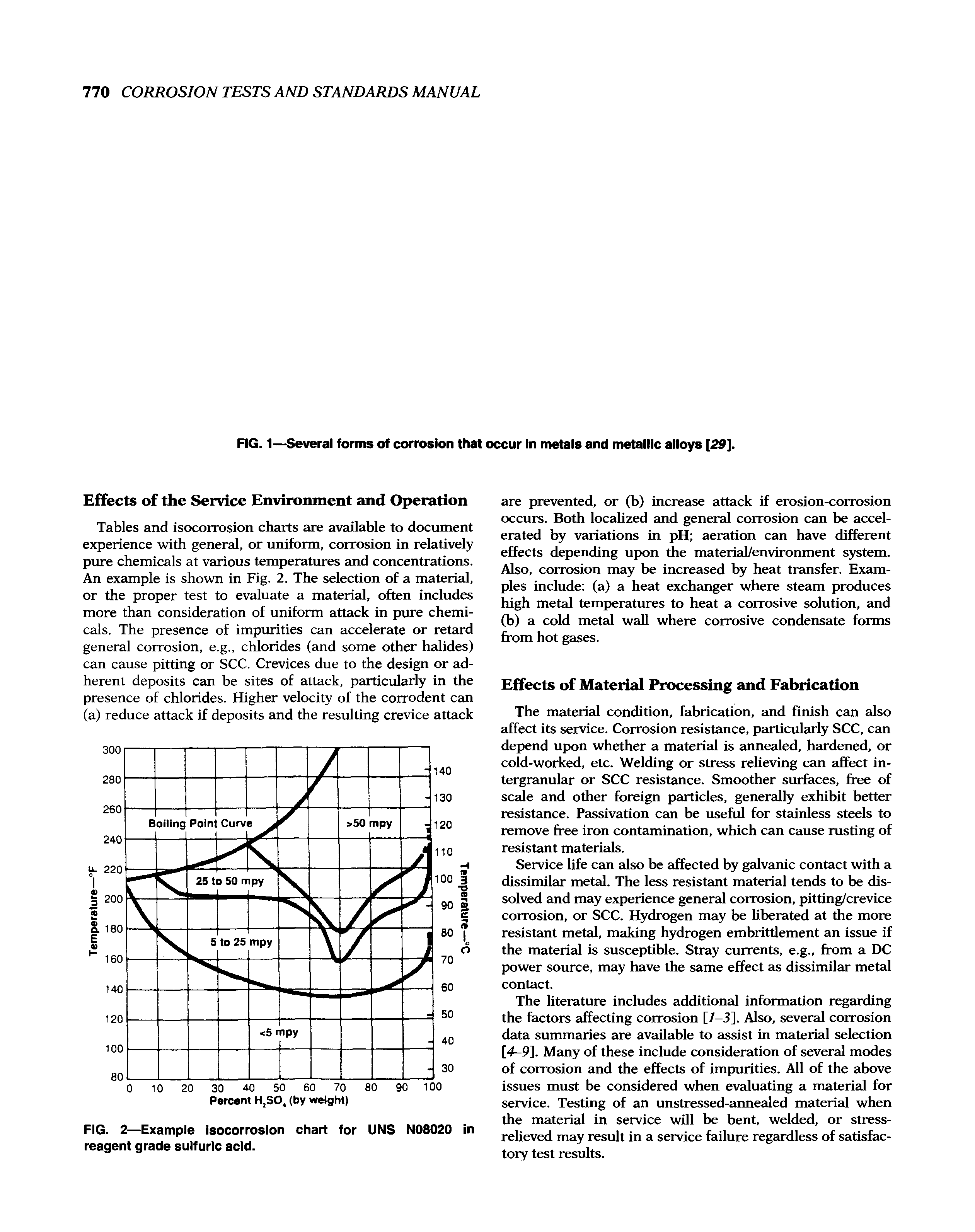 Tables and isocorrosion charts are available to document experience with general, or uniform, corrosion in relatively pure chemicals at various temperatures and concentrations. An example is shown in Fig. 2. The selection of a material, or the proper test to evaluate a material, often includes more than consideration of uniform attack in pure chemicals. The presence of impurities can accelerate or retard general corrosion, e.g., chlorides (and some other halides) can cause pitting or SCC. Crevices due to the design or adherent deposits can be sites of attack, particularly in the presence of chlorides. Higher velocity of the corrodent can (a) reduce attack if deposits and the resulting crevice attack...