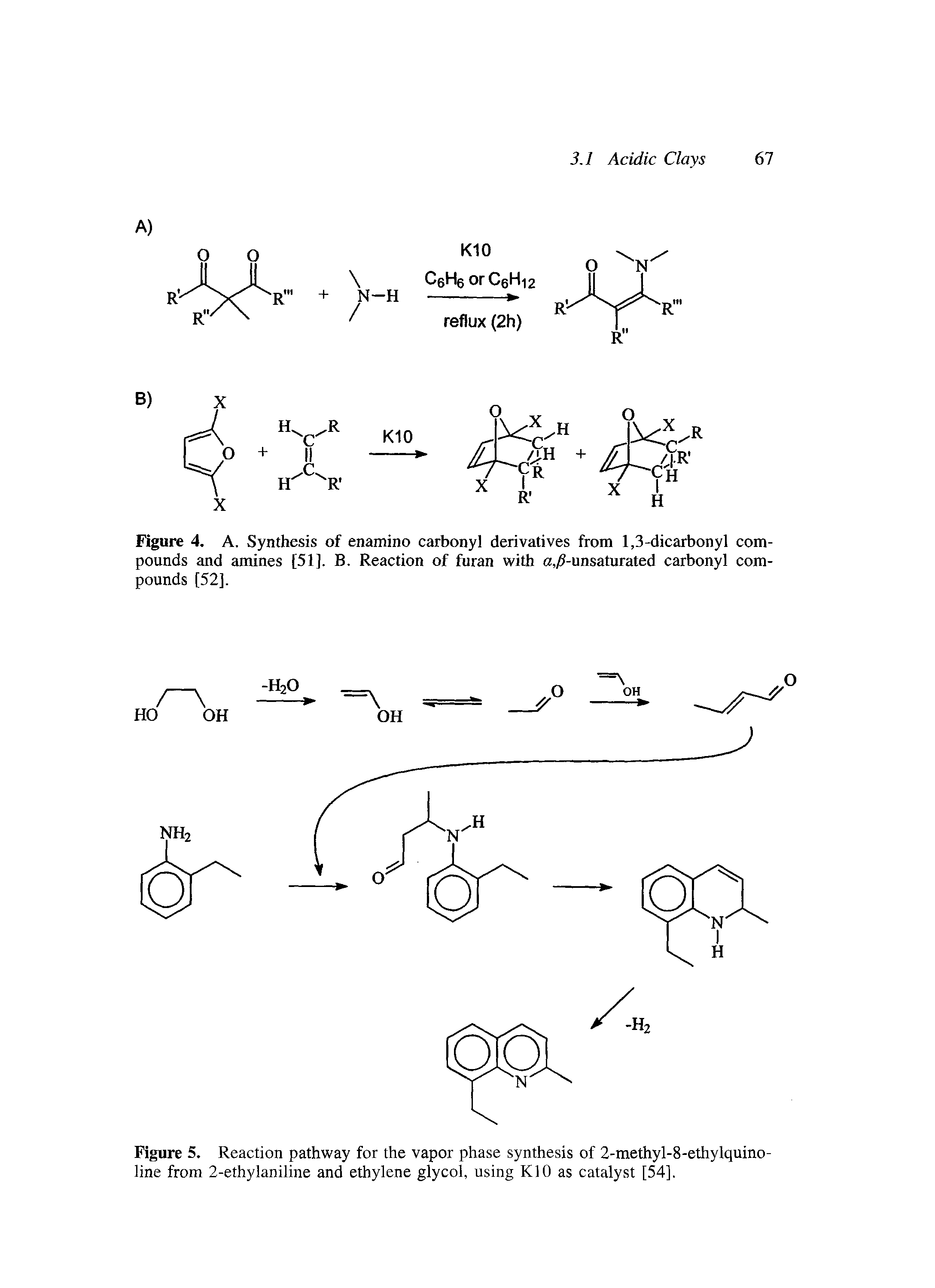 Figure 4. A. Synthesis of enamino carbonyl derivatives from 1,3-dicarbonyl compounds and amines [51], B. Reaction of furan with a,/0-unsaturated carbonyl compounds [52].