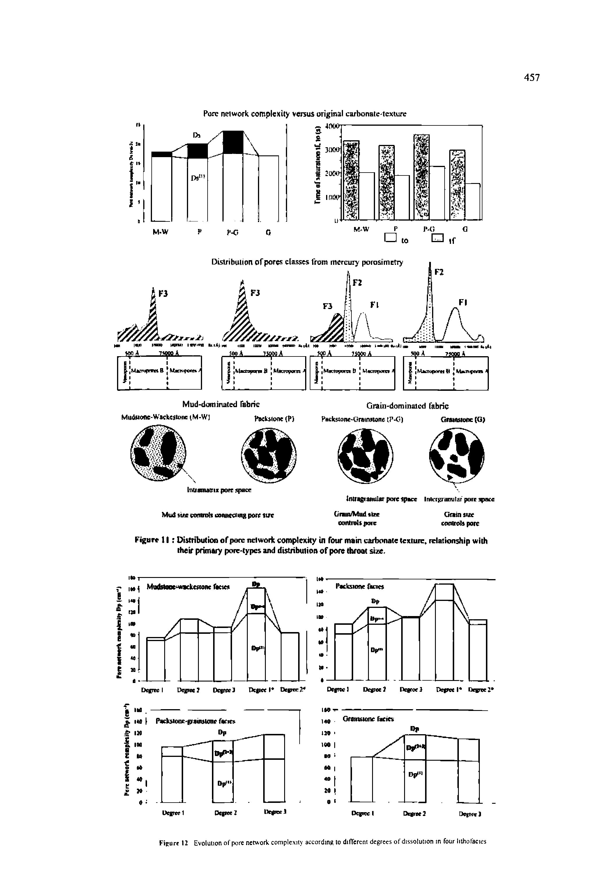 Figure 11 Disttibulioo of pore ndworic complexity in Four main carbonate texture, relationship with their primary pore-types and disttihution of pore throat size.