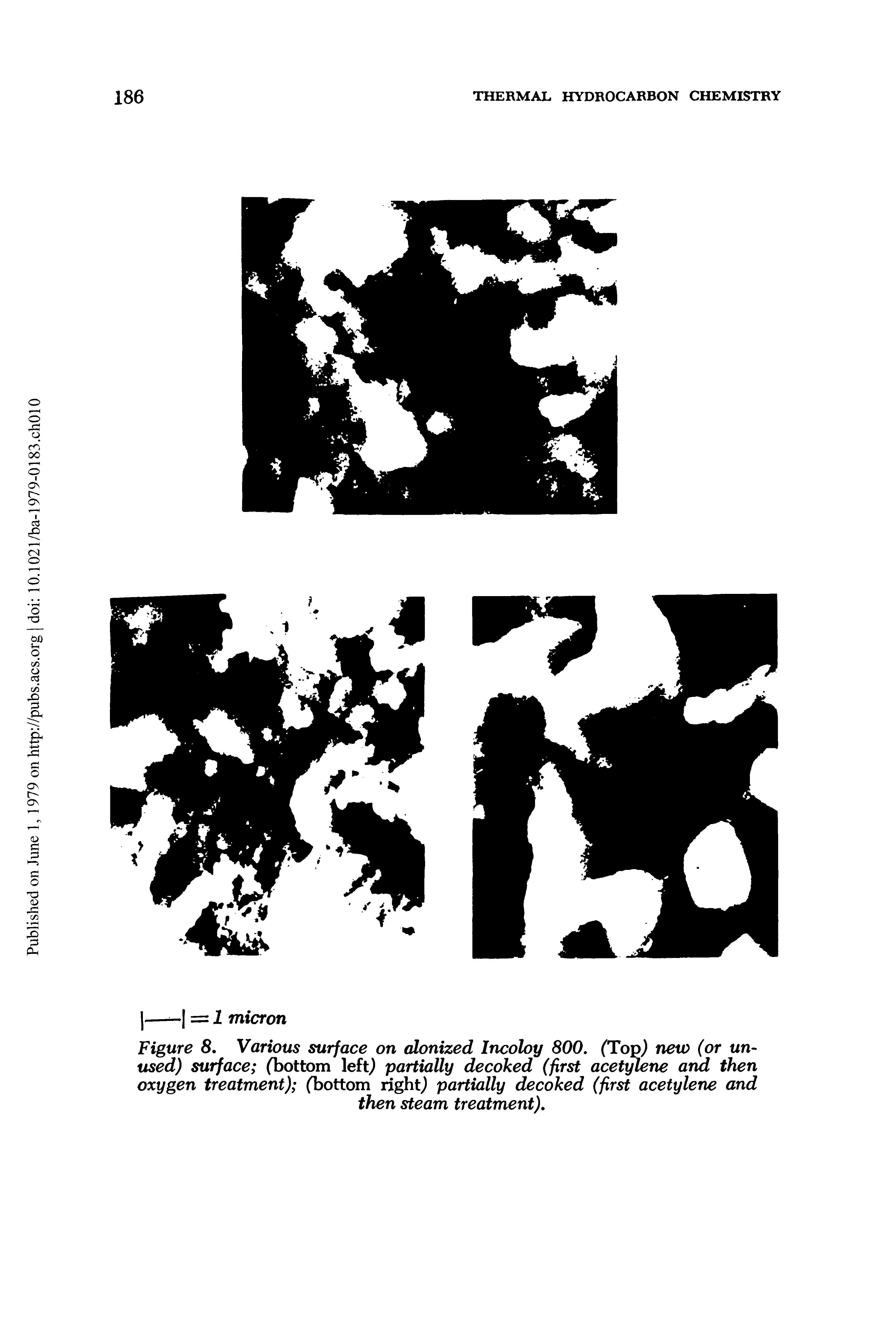 Figure 8. Various surface on alonized Incoloy 800. (Top,) new (or unused) surface (bottom left,) partially decoked (first acetylene and then oxygen treatment) (bottom right) partially decoked (first acetylene and then steam treatment).