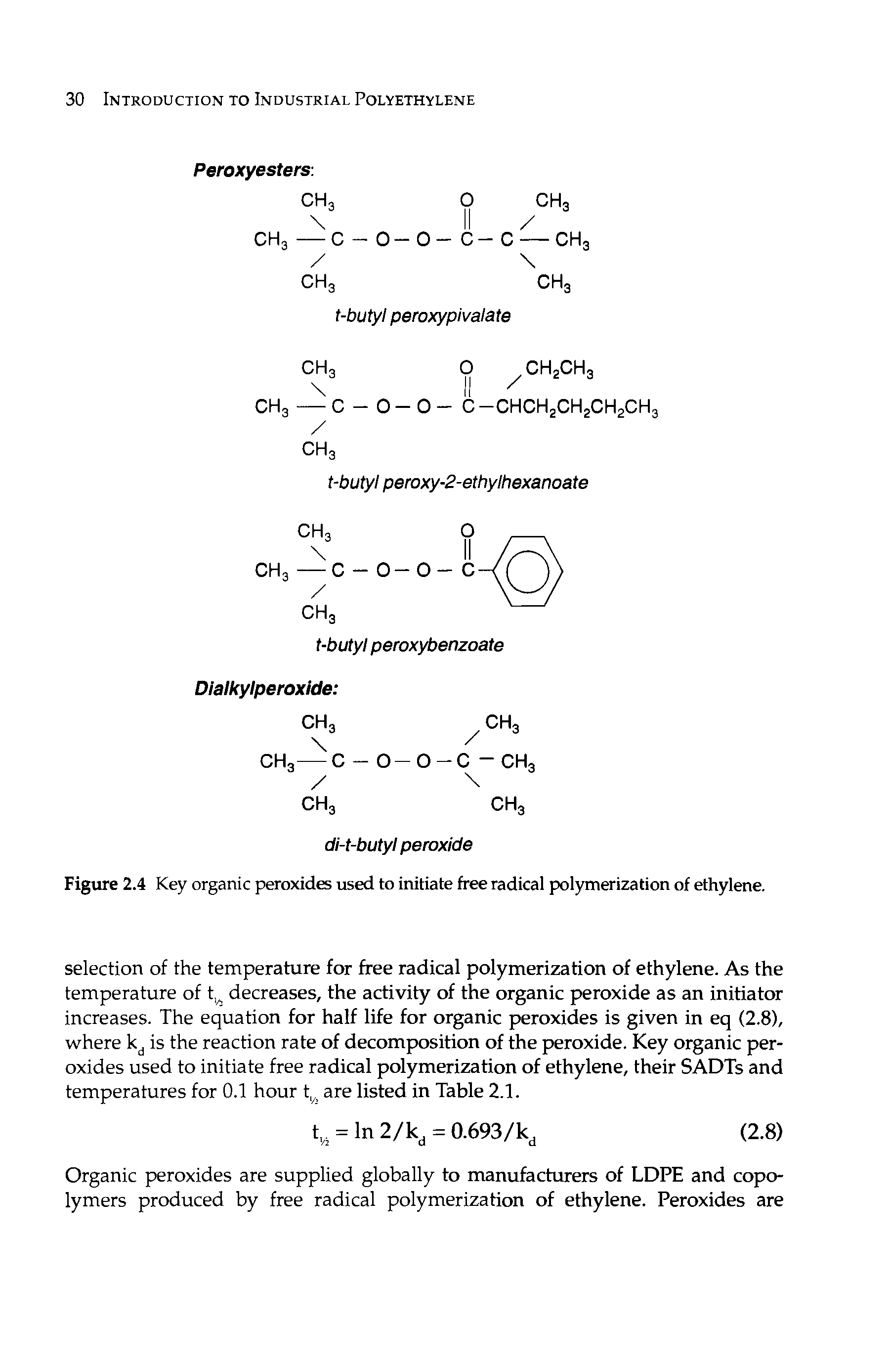 Figure 2.4 Key organic peroxides used to initiate free radical polymerization of ethylene.