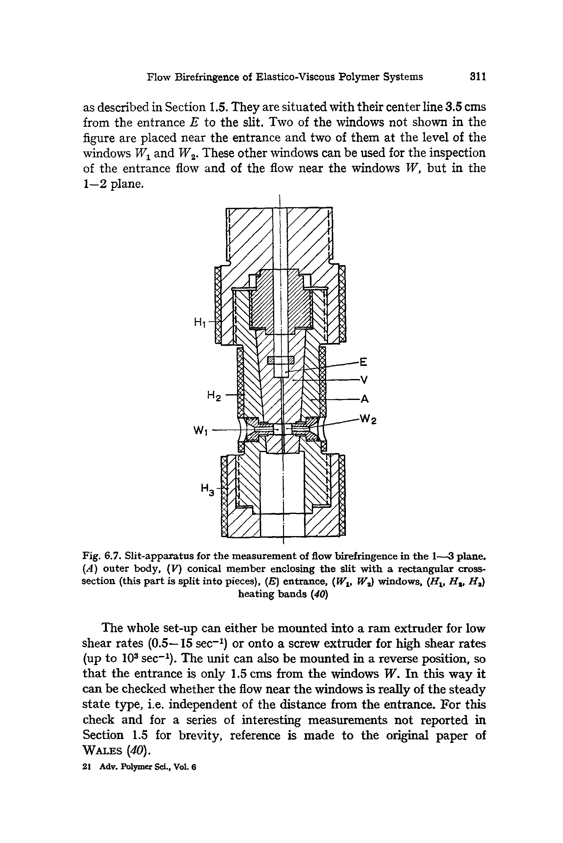 Fig. 6.7. Slit-apparatus for the measurement of flow birefringence in the 1—3 plane. (A) outer body, (V) conical member enclosing the slit with a rectangular cross-section (this part is split into pieces), (E) entrance, (Wt, IV2) windows, (Hlt Ht, Ha)...