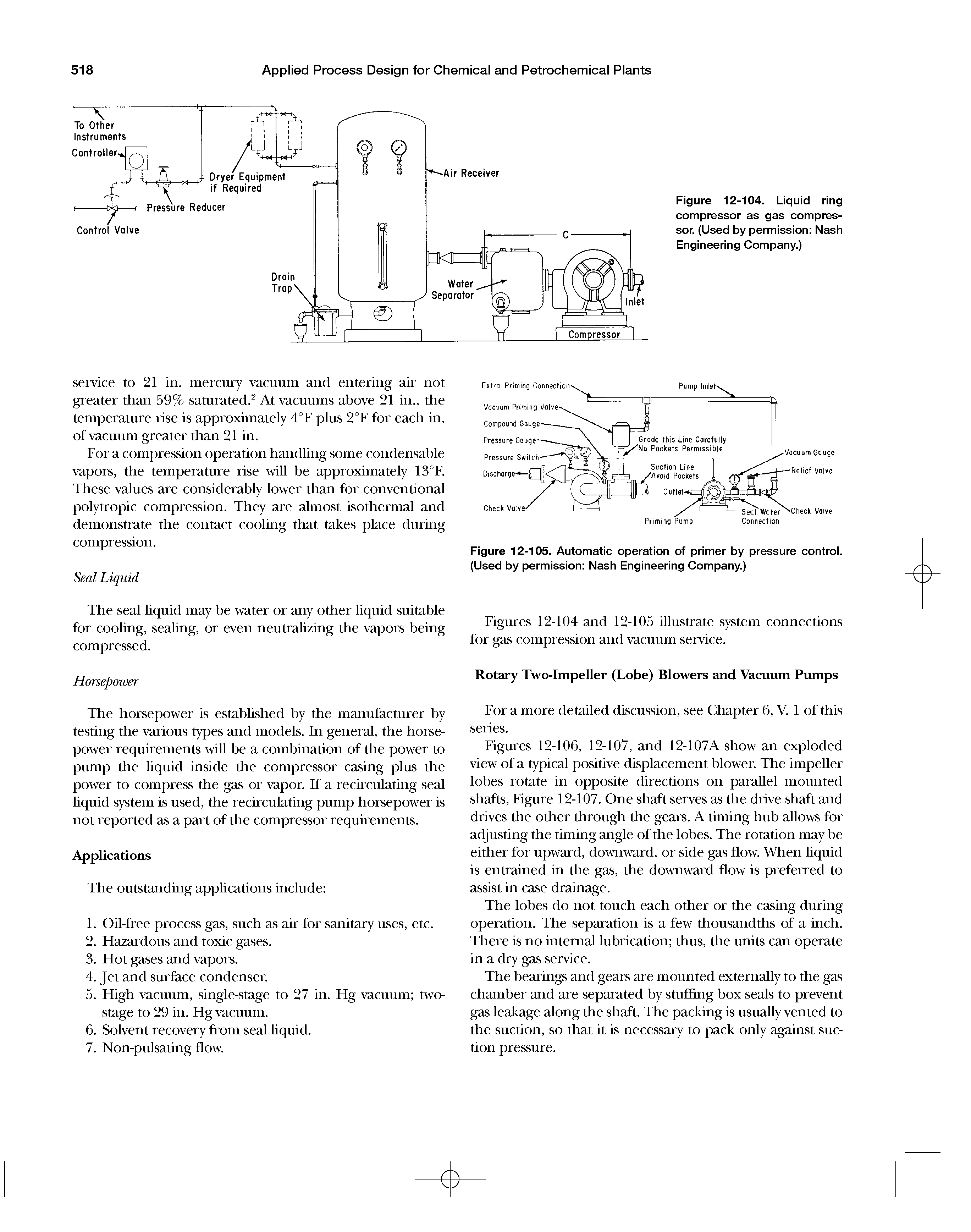 Figures 12-104 and 12-105 illustrate system connections for gas compression and vacuum service.
