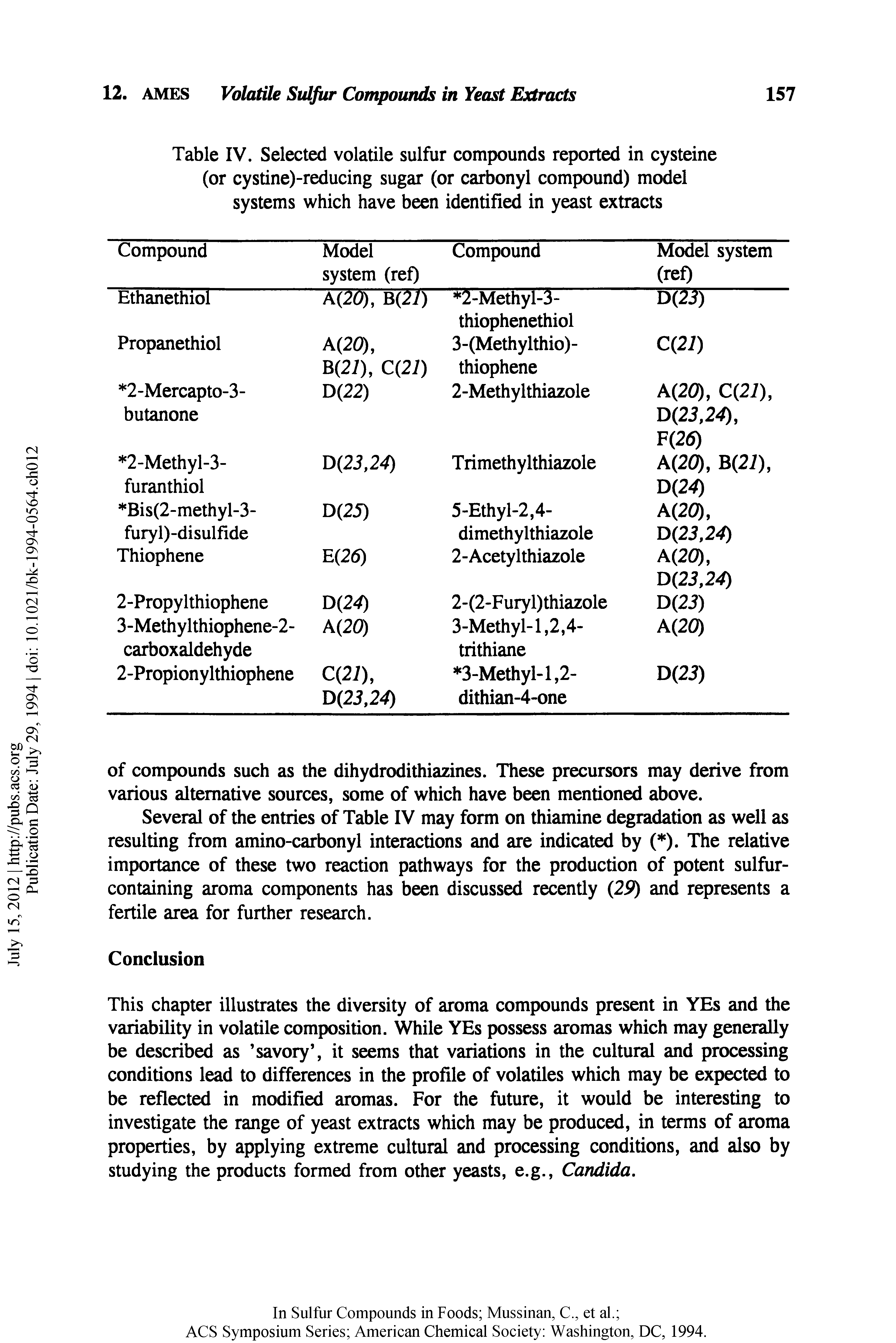 Table IV. Selected volatile sulfur compounds reported in cysteine (or cystine)-reducing sugar (or carbonyl compound) model systems which have been identified in yeast extracts...