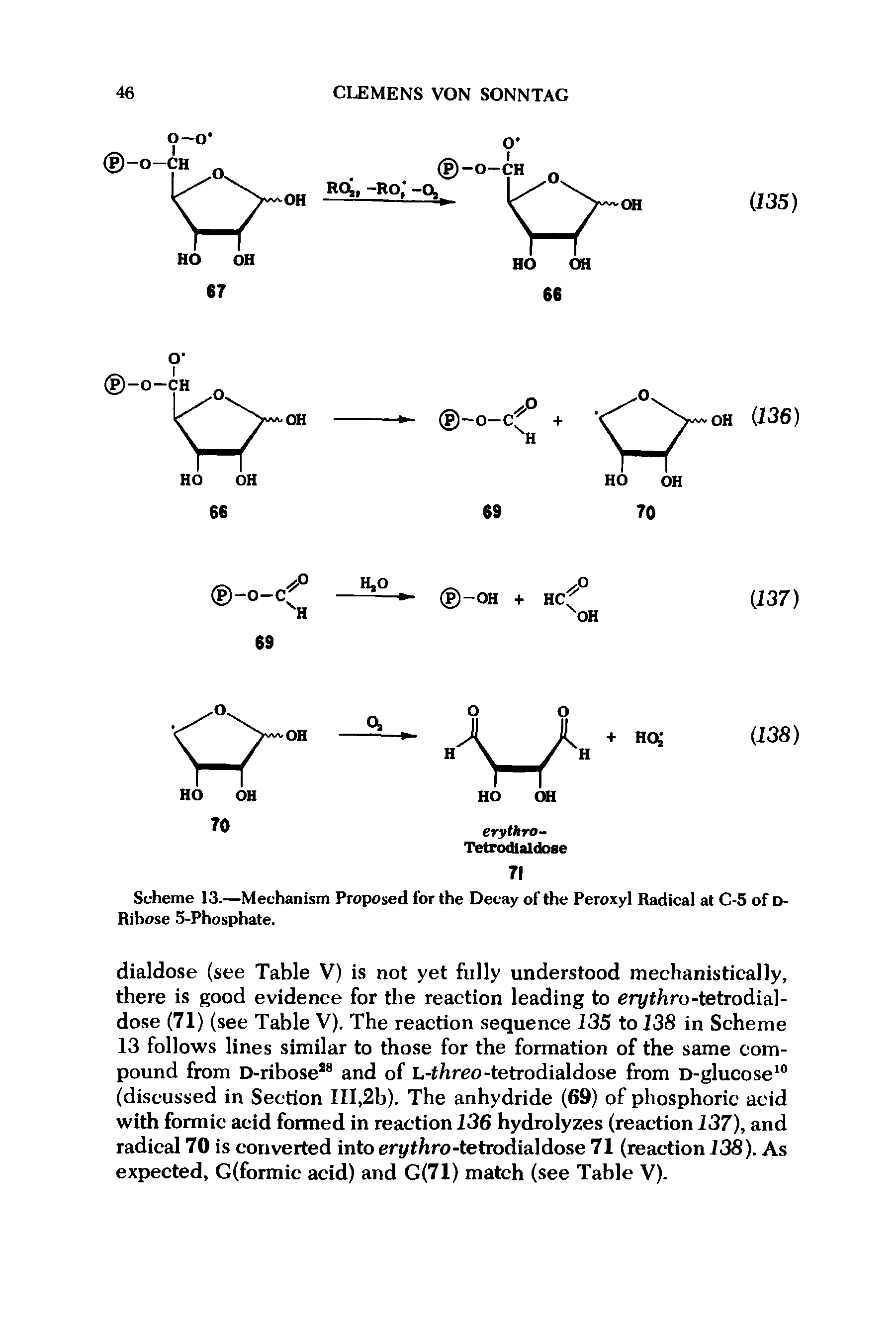 Scheme 13.—Mechanism Proposed for the Decay of the Peroxyl Radical at C-5 of d-Ribose 5-Phosphate.