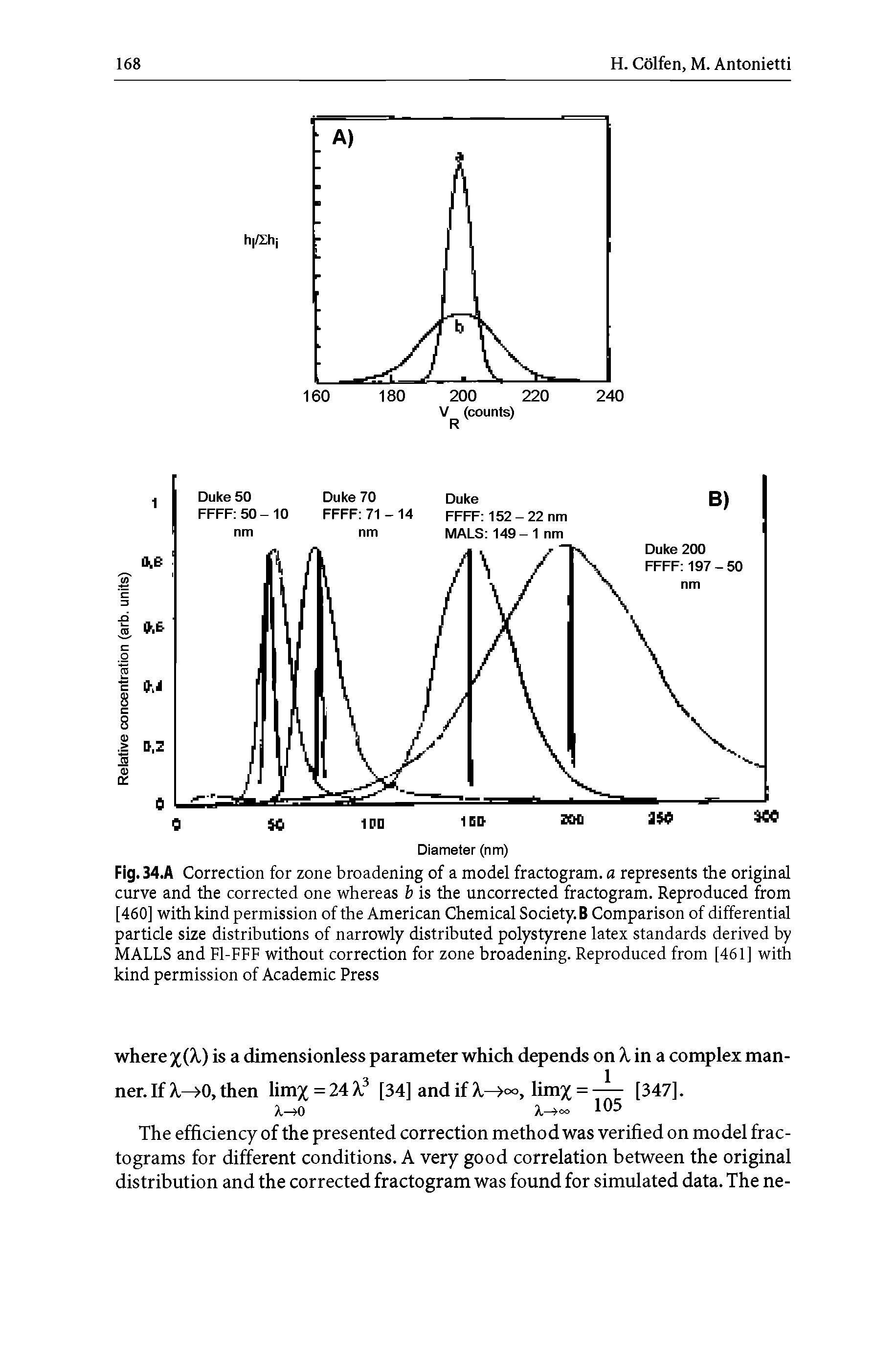 Fig. 34.A Correction for zone broadening of a model fractogram. a represents the original curve and the corrected one whereas b is the uncorrected fractogram. Reproduced from [460] with kind permission of the American Chemical Society. B Comparison of differential particle size distributions of narrowly distributed polystyrene latex standards derived by MALLS and Fl-FFF without correction for zone broadening. Reproduced from [461] with kind permission of Academic Press...