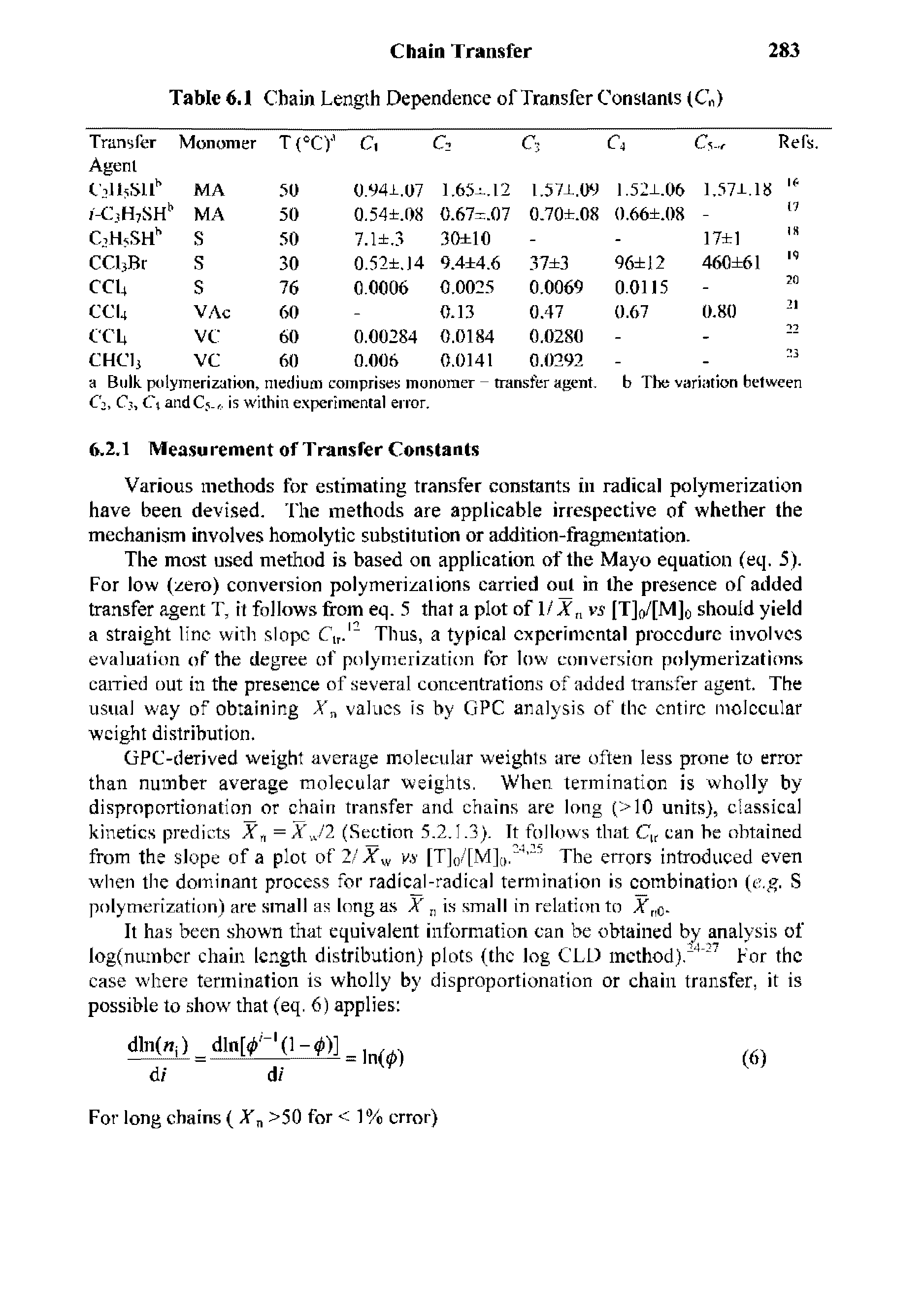 Table 6.1 Chain Length Dependence of Transfer Constants (C )...