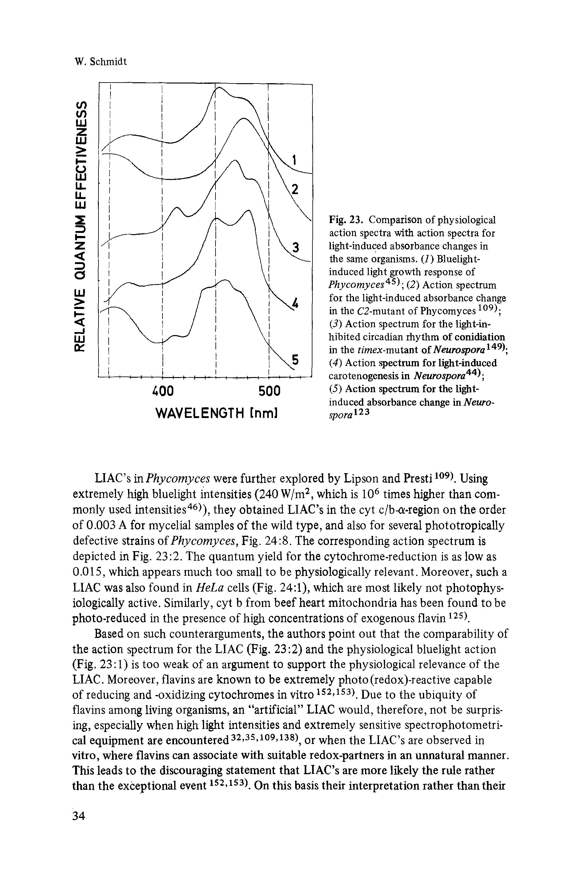 Fig. 23. Comparison of physiological action spectra with action spectra for light-induced absorbance changes in the same organisms, (1) Bluelight-induced light growth response of Phycomyces45 (2) Action spectrum for the light-induced absorbance change in the C2-mutant of Phycomyces109) ...