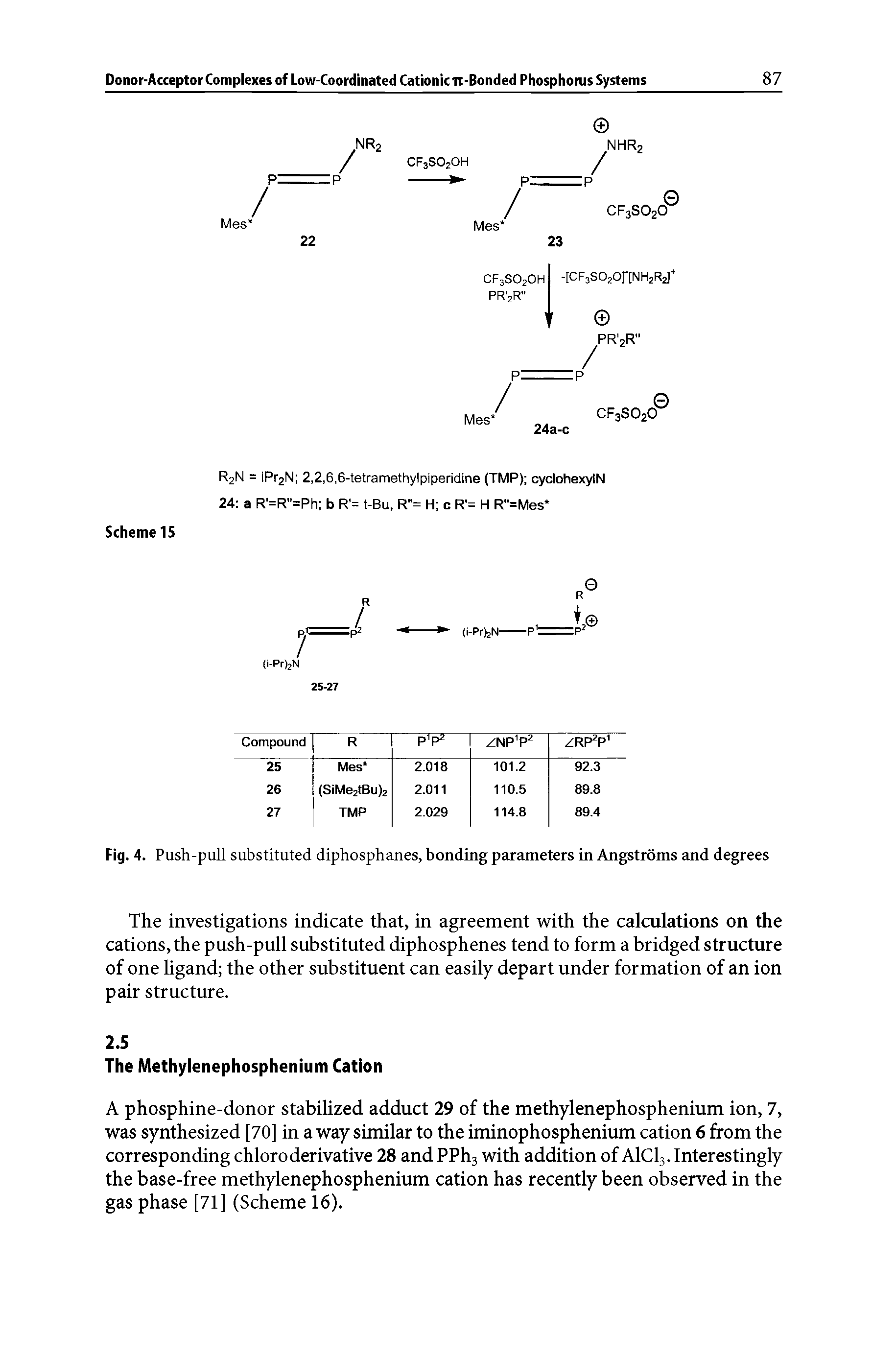 Fig. 4. Push-pull substituted diphosphanes, bonding parameters in Angstroms and degrees...