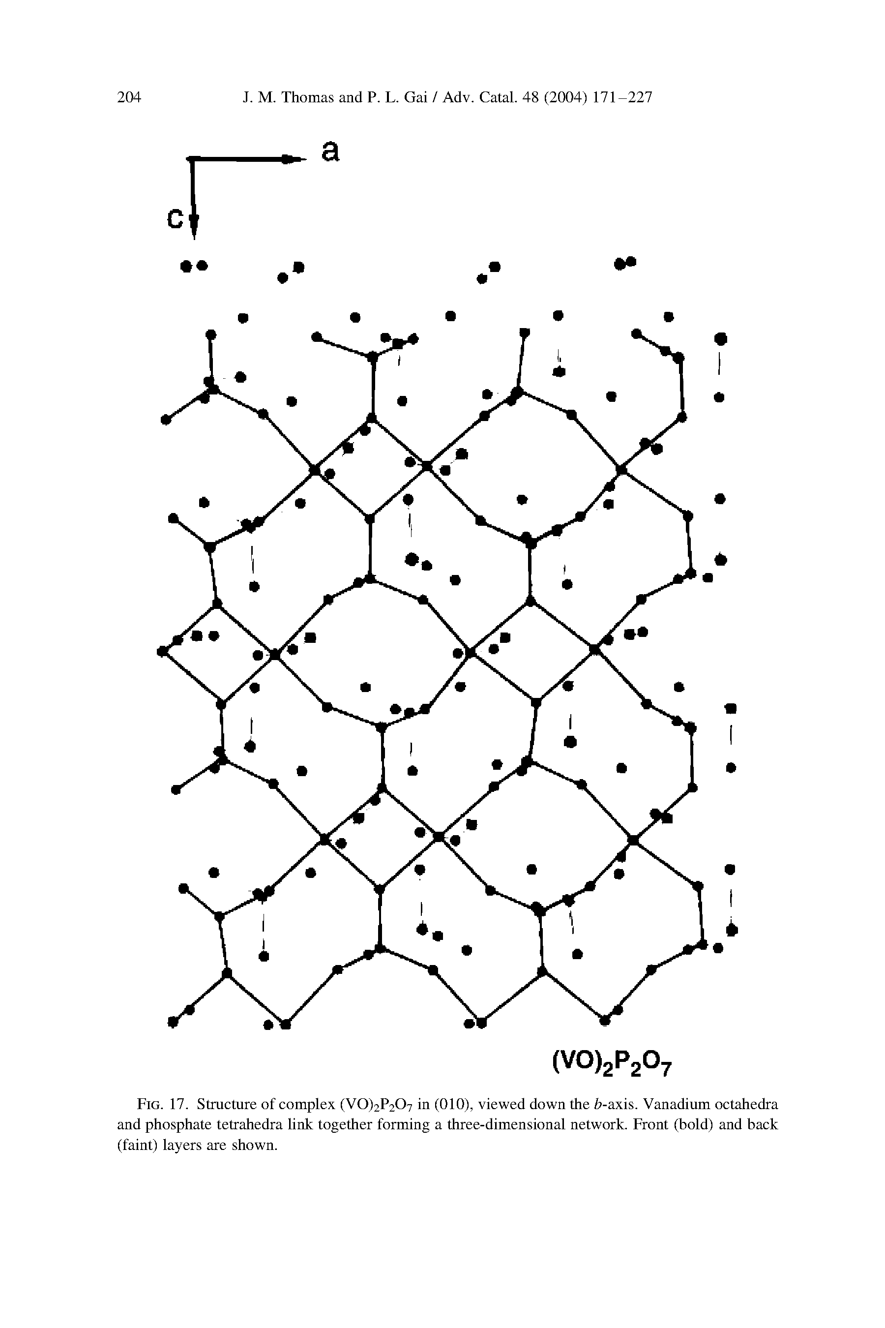 Fig. 17. Structure of complex (VO)2P2C>7 in (010), viewed down the fr-axis. Vanadium octahedra and phosphate tetrahedra link together forming a three-dimensional network. Front (bold) and back (faint) layers are shown.