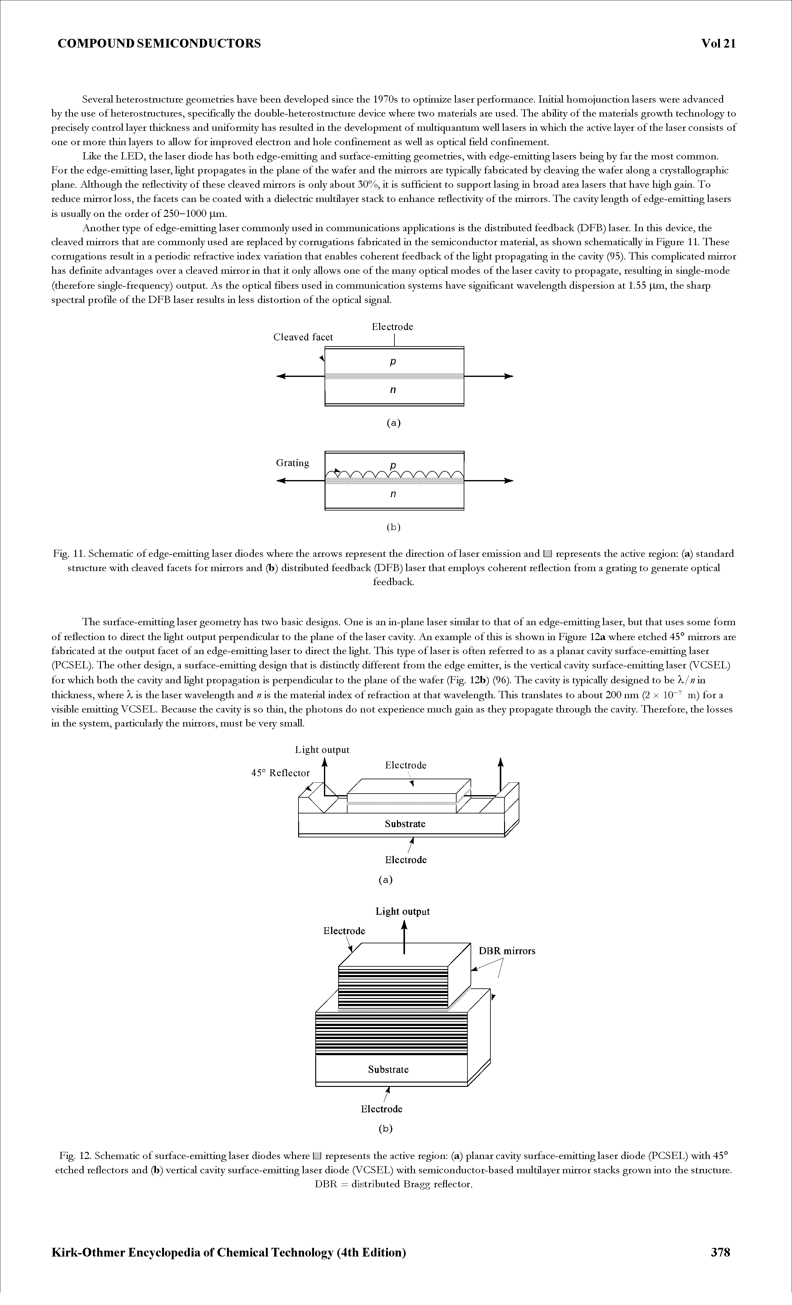 Fig. 11. Schematic of edge-emitting laser diodes where the arrows represent the direction of laser emission and U represents the active region (a) standard stmcture with cleaved facets for mirrors and (b) distributed feedback (DFB) laser that employs coherent reflection from a grating to generate optical...