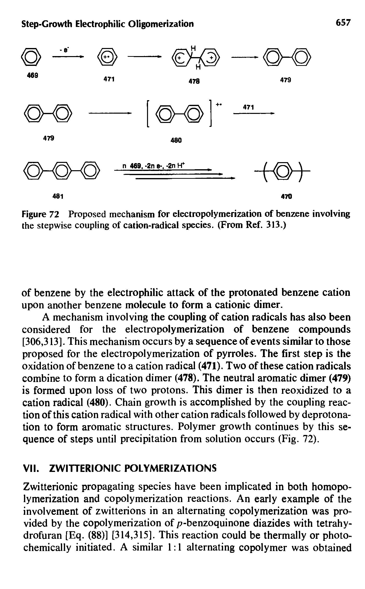 Figure 72 Proposed mechanism for electropolymerization of benzene involving the stepwise coupling of cation-radical species. (From Ref. 313.)...