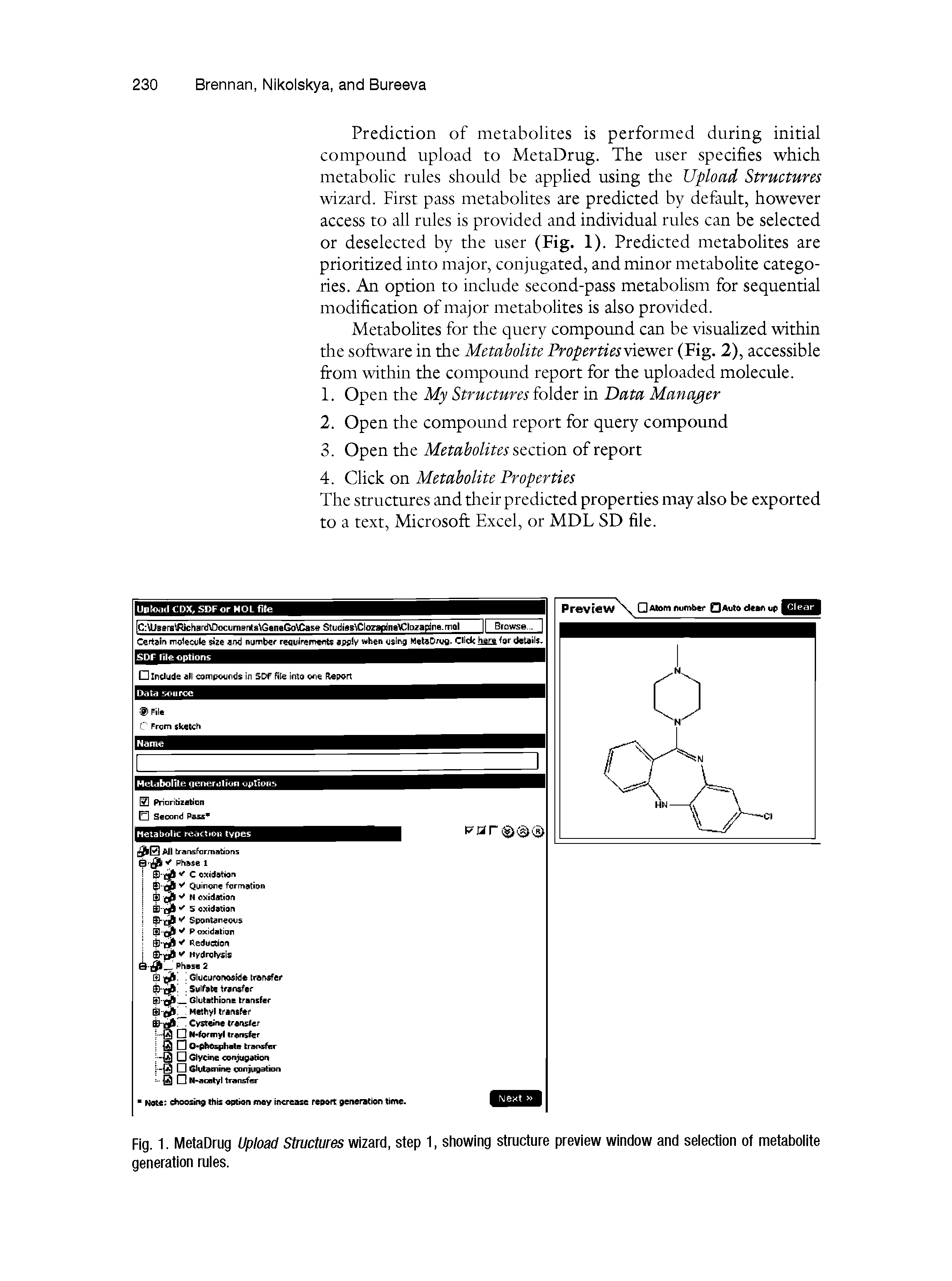 Fig. 1. MetaDrug Upload Structures wizard, step 1, showing structure preview window and selection of metabolite generation rules.