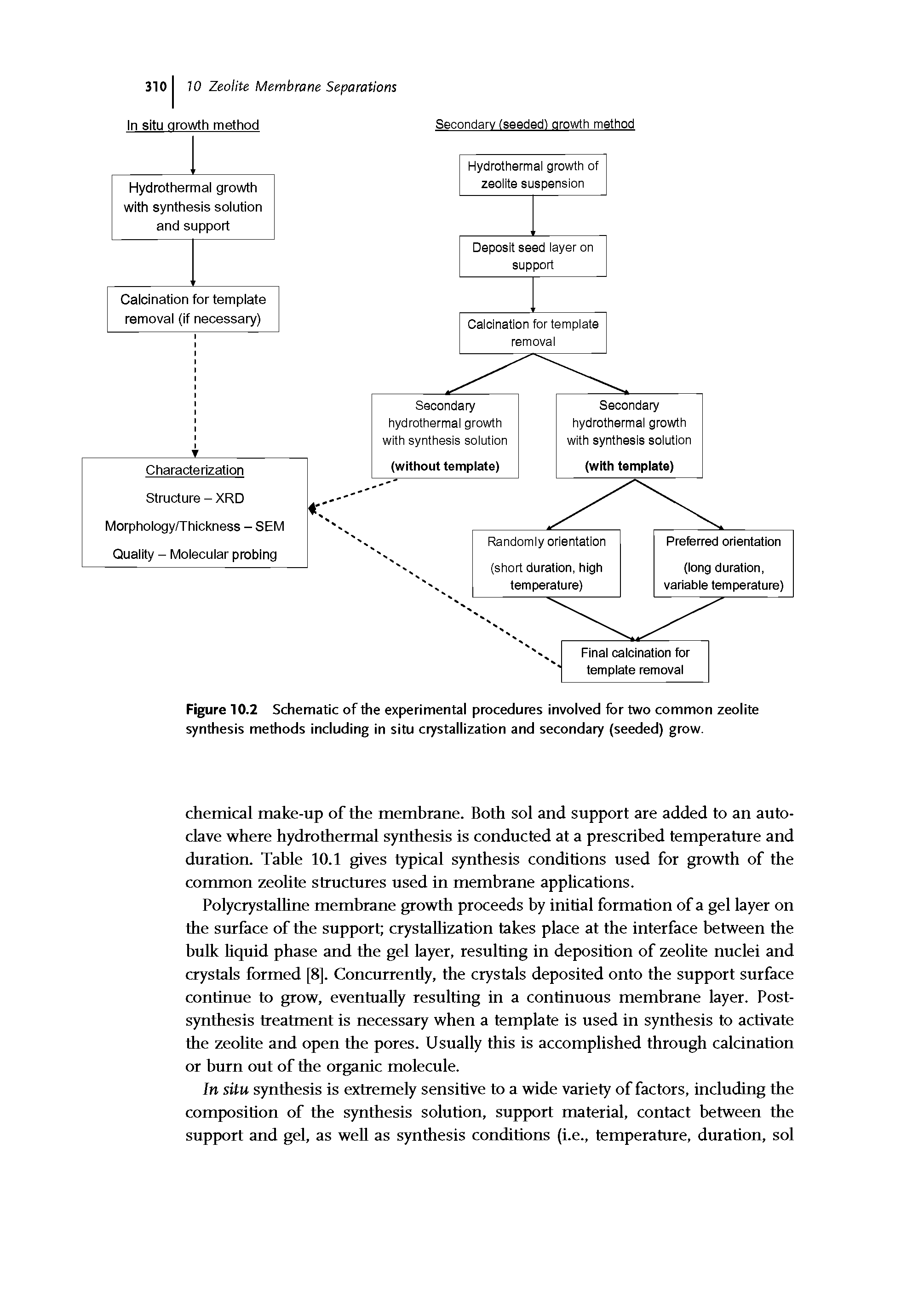 Figure 10.2 Schematic of the experimental procedures involved for two common zeolite synthesis methods including in situ crystallization and secondary (seeded) grow.