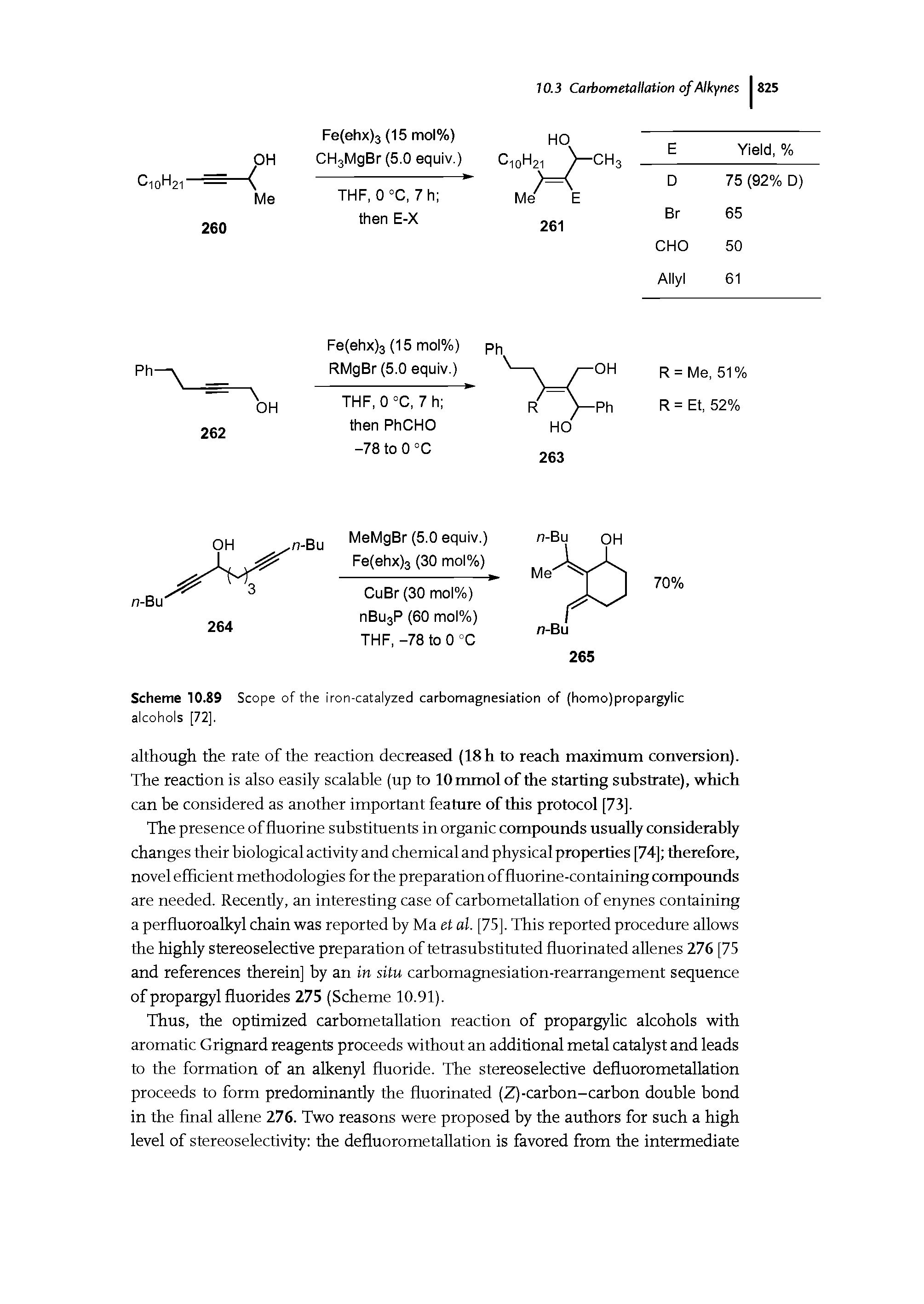 Scheme 10.89 Scope of the iron-catalyzed carbomagnesiation of (homo)propargylic alcohols [72].