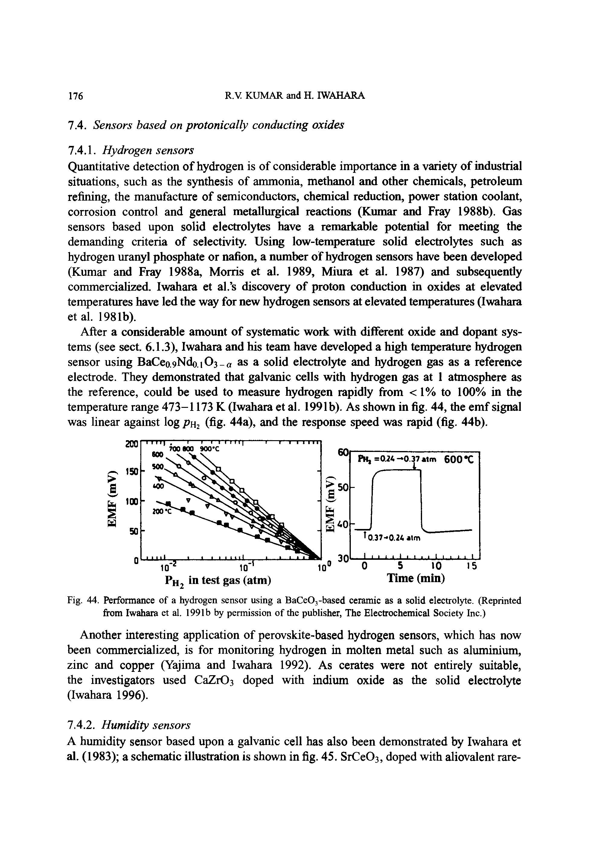 Fig. 44. Performance of a hydrogen sensor using a BaCeOs-based ceramic as a solid electrolyte. (Reprinted from Iwahara et al. 1991b by permission of the publisher, The Electrochemical Society Inc.)...