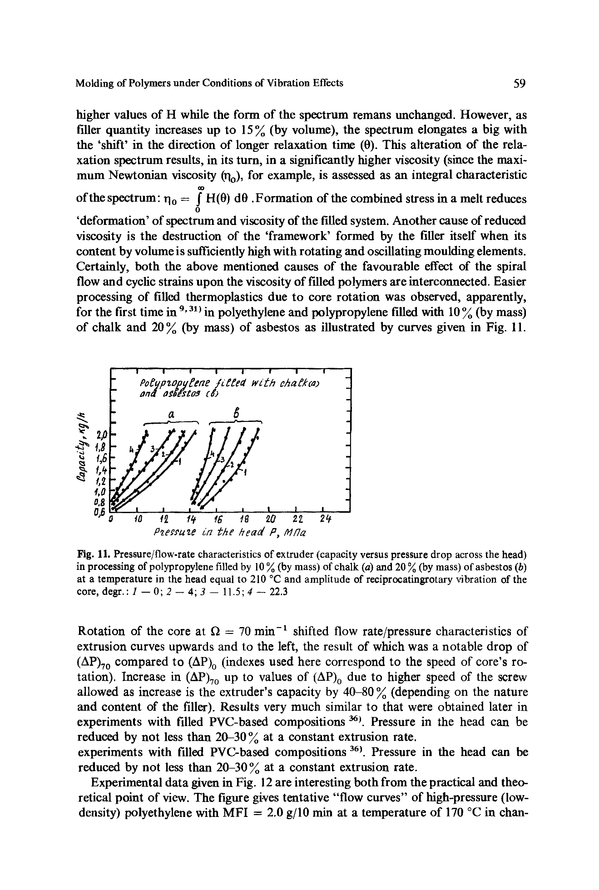 Fig. 11. Pressure/flow-rate characteristics of extruder (capacity versus pressure drop across the head) in processing of polypropylene filled by 10 % (by mass) of chalk (a) and 20 % (by mass) of asbestos (b) at a temperature in the head equal to 210 °C and amplitude of reciprocatingrotary vibration of the core, degr.— 0 2 — 4 3 — 11.5 — 22.3...