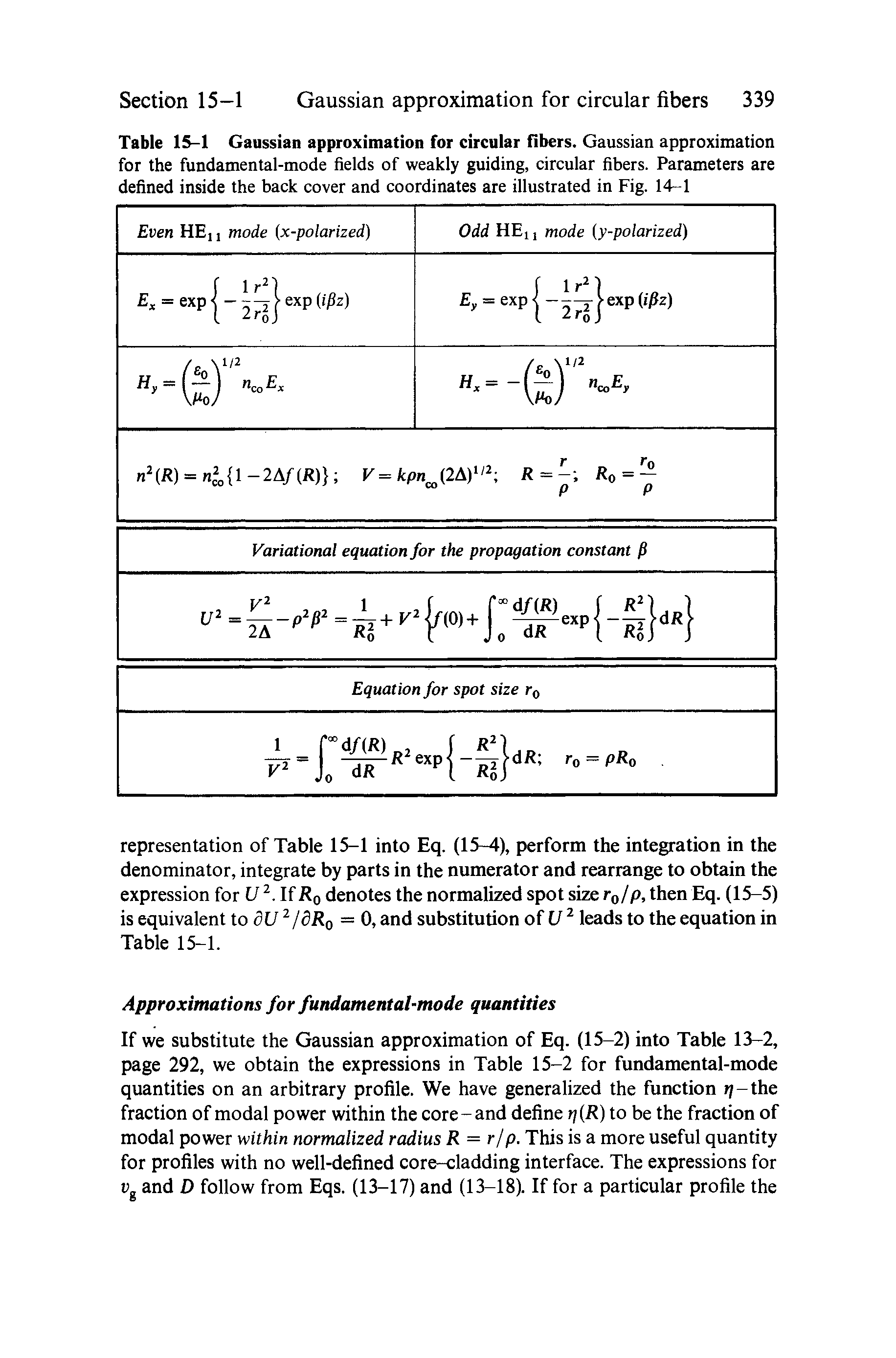 Table 15-1 Gaussian approximation for circular fibers. Gaussian approximation for the fundamental-mode fields of weakly guiding, circular fibers. Parameters are defined inside the back cover and coordinates are illustrated in Fig. 14-1...