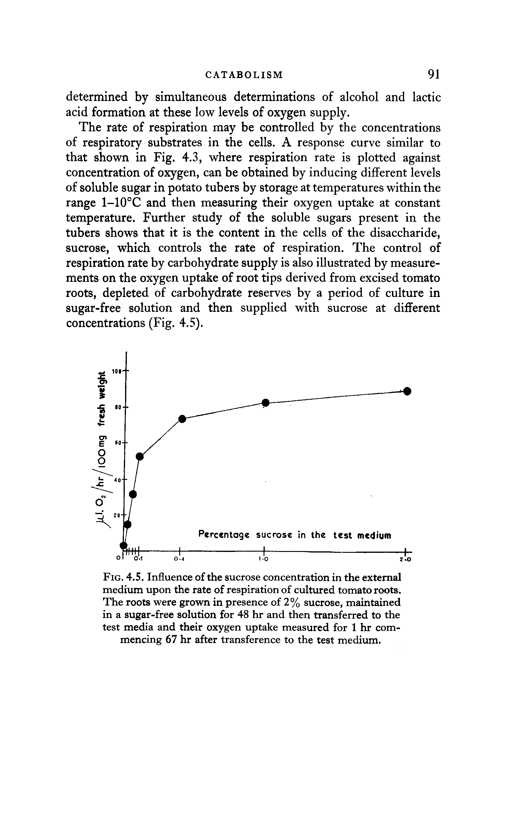 Fig. 4.5. Influence of the sucrose concentration in the external medium upon the rate of respiration of cultured tomato roots. The roots were grown in presence of 2% sucrose, maintained in a sugar-free solution for 48 hr and then transferred to the test media and their oxygen uptake measured for 1 hr commencing 67 hr after transference to the test medium.