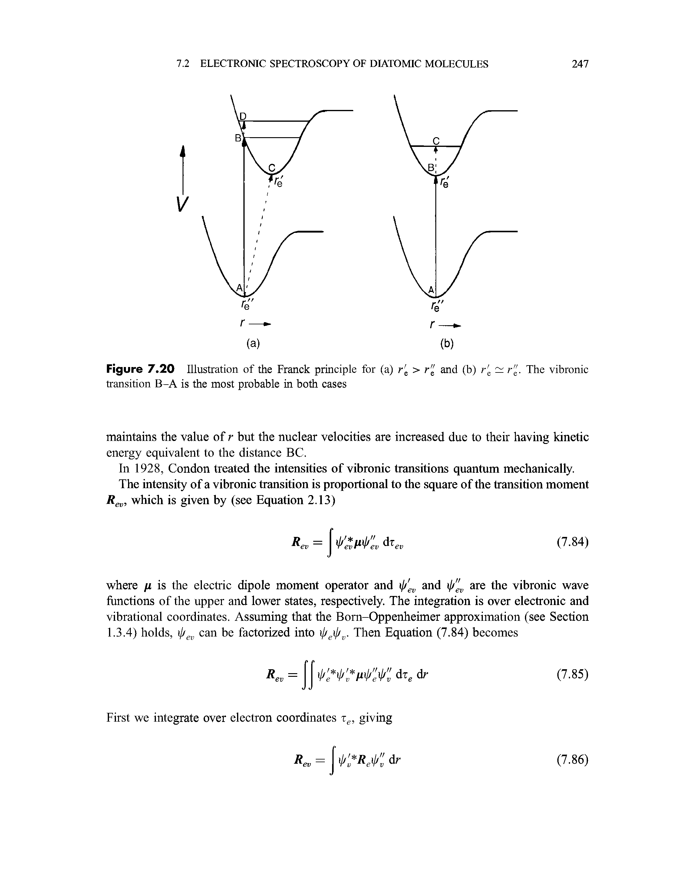 Figure 7.20 Illustration of the Franck principle for (a) r e > r" and (b) r e r". The vibronic transition B-A is the most probable in both cases...