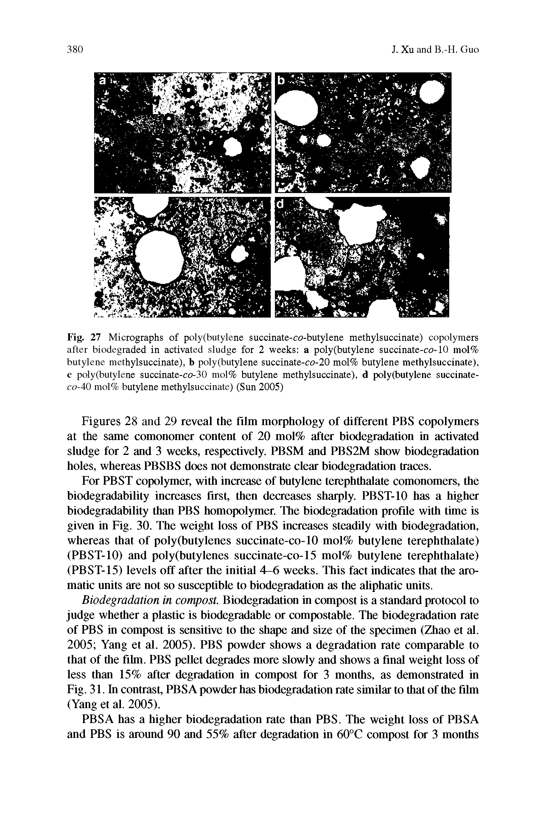Fig. 27 Micrographs of poly(butylene succinate-co-butylene methylsuccinate) copolymers after biodegraded in activated sludge for 2 weeks a poly(butylene succinate-co-10 mol% butylene methylsuccinate), b poly(butylene succinate-co-20 mol% butylene methylsuccinate), c poly(butylene succinate-co-30 mol% butylene methylsuccinate), d poly(butylene succinate-co-40 mol% butylene methylsuccinate) (Sun 2005)...