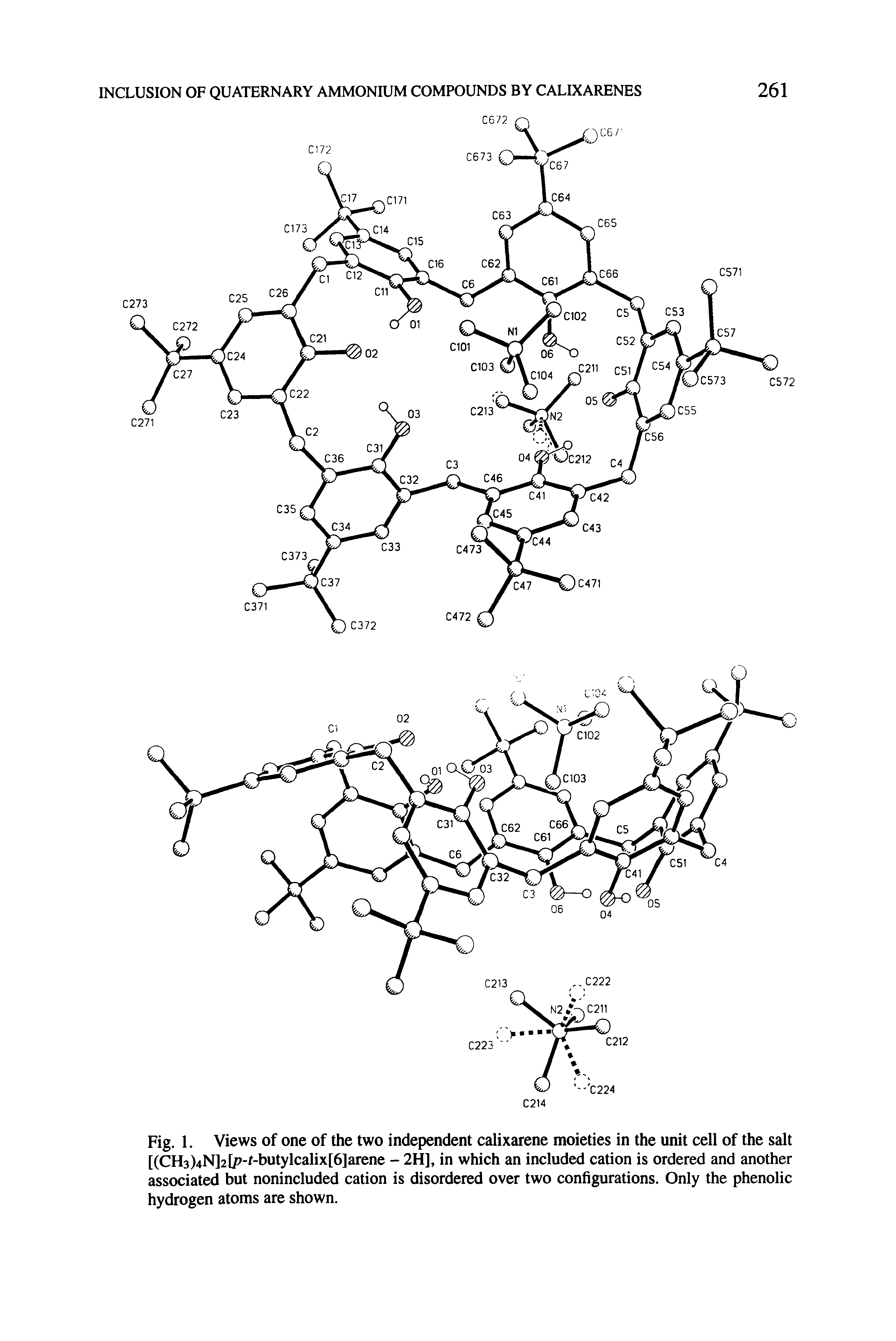 Fig. 1. Views of one of the two independent calixarene moieties in the unit cell of the salt [(CH3)4N]2l>- -hutylcalix[6]arene - 2H], in which an included cation is ordered and another associated but nonincluded cation is disordered over two configurations. Only the phenolic hydrogen atoms are shown.