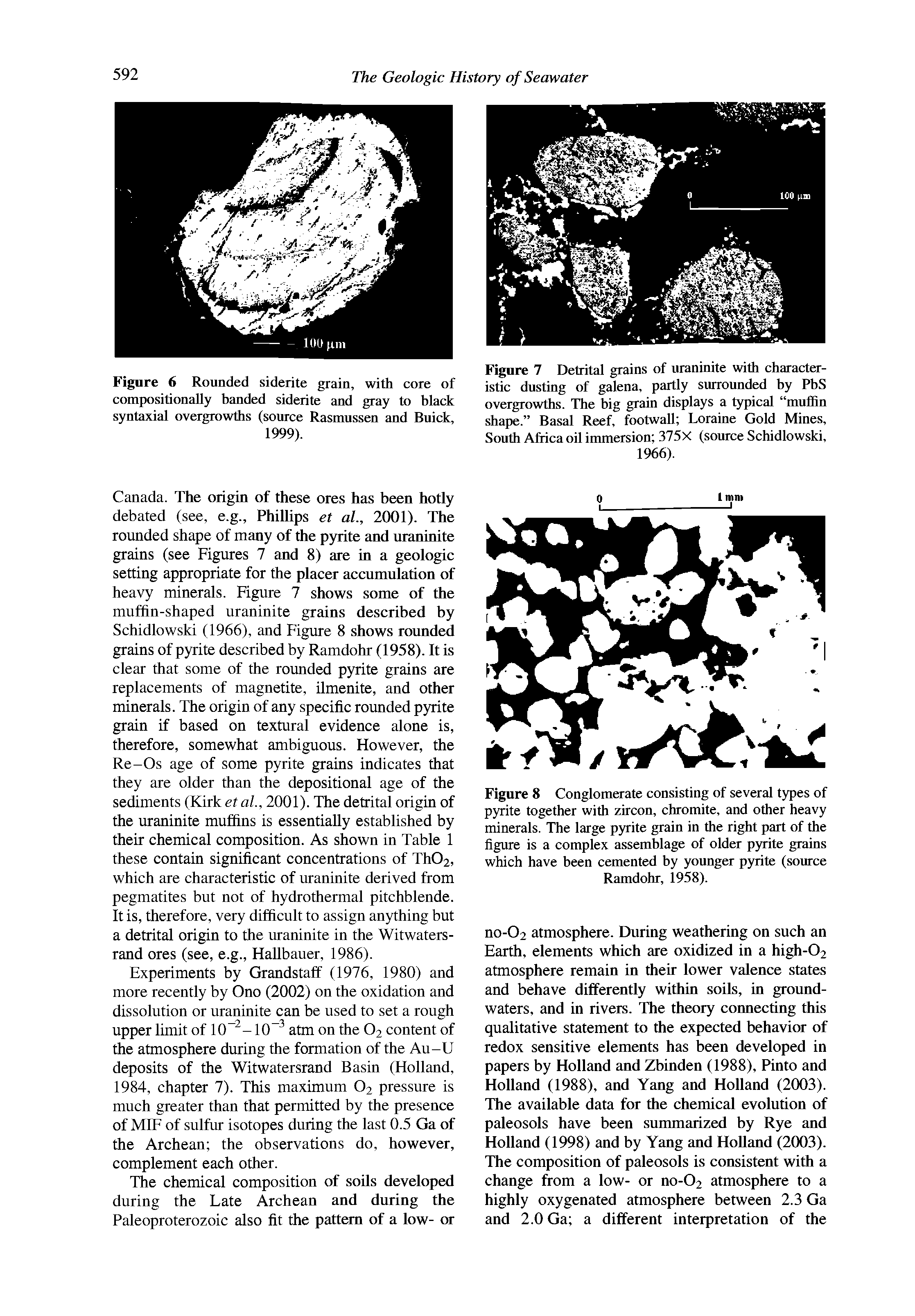 Figure 8 Conglomerate consisting of several types of pyrite together with zircon, chromite, and other heavy minerals. The large pyrite grain in the right part of the figure is a complex assemblage of older pyrite grains which have been cemented by younger pyrite (source Ramdohr, 1958).