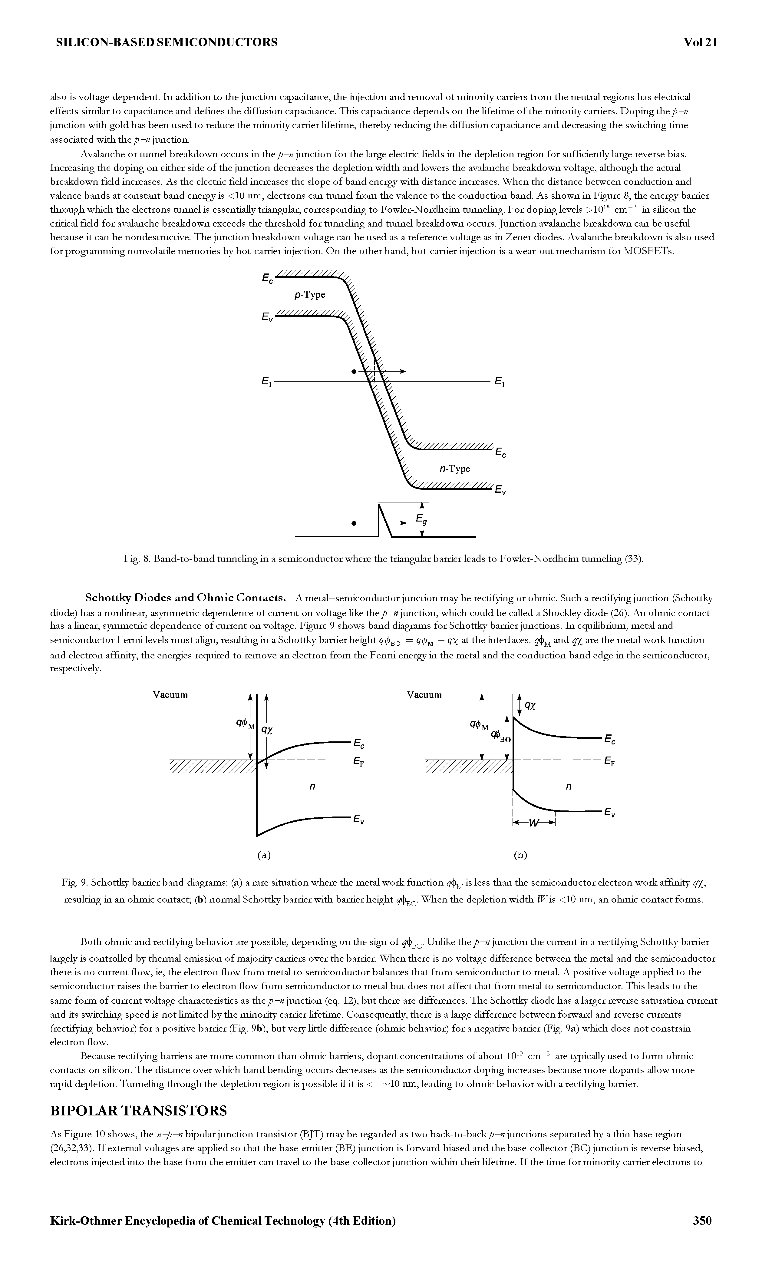 Fig. 9. Schottky barrier band diagrams (a) a rare situation where the metal work function is less than the semiconductor electron work affinity resulting in an ohmic contact (b) normal Schottky barrier with barrier height When the depletion width Wis <10 nm, an ohmic contact forms.