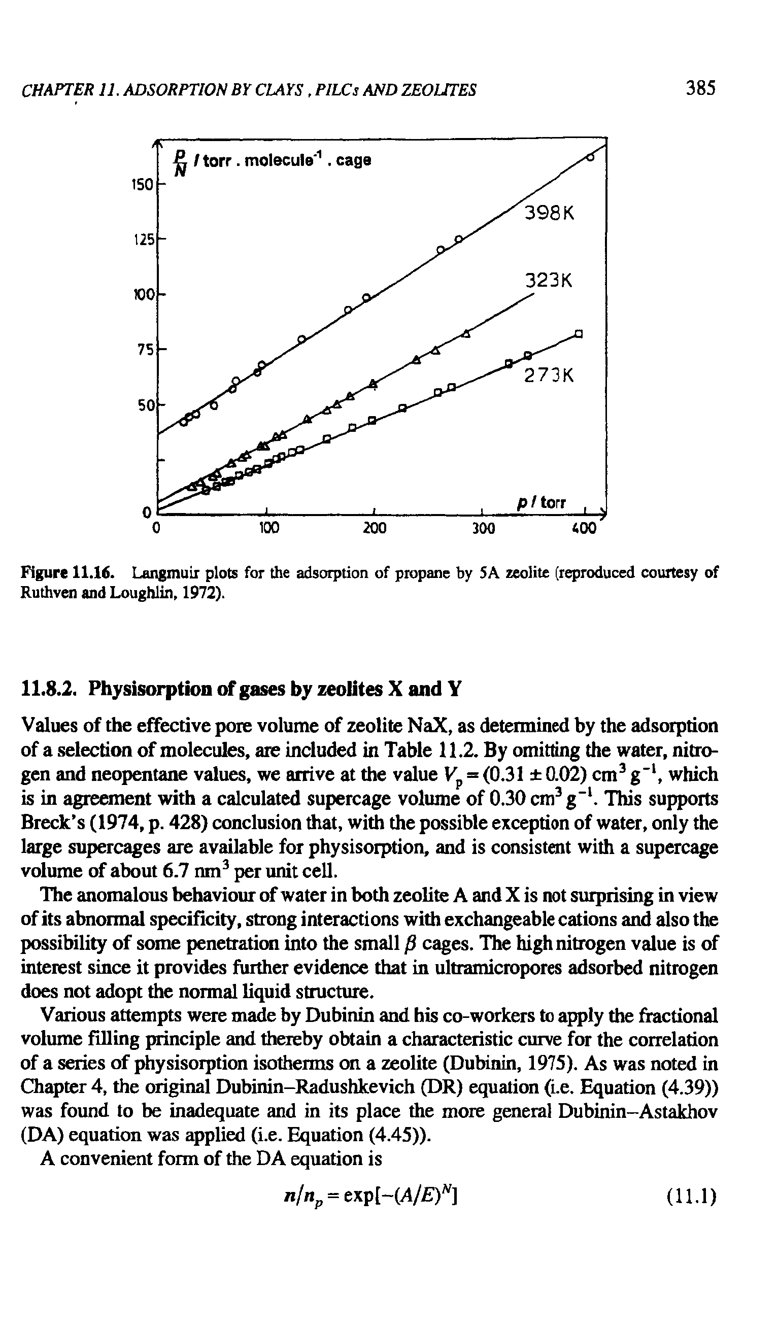 Figure 11.16. Langmuir plots for the adsorption of propane by 5A zeolite (reproduced courtesy of Ruthven and Loughlin, 1972).