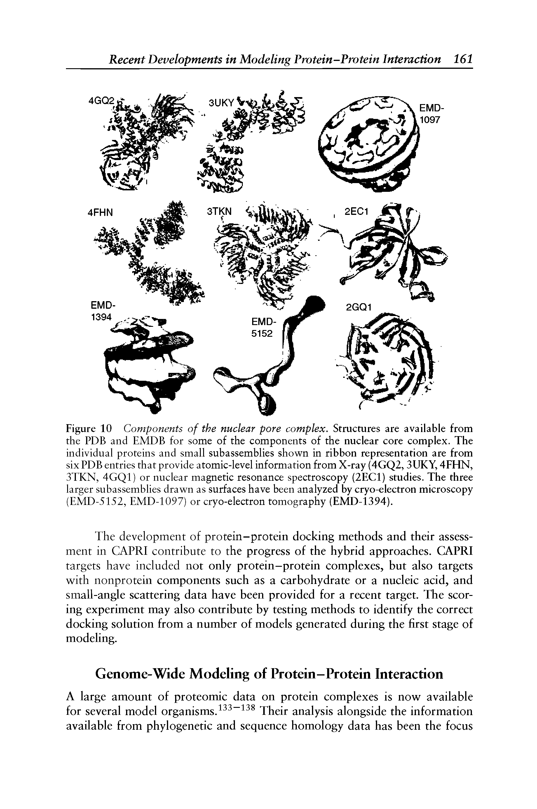 Figure 10 Components of the nuclear pore complex. Structures are available from the PDB and EMDB for some of the components of the nuclear core complex. The individual proteins and small subassemblies shown in ribbon representation are from six PDB entries that provide atomic-level information from X-ray (4GQ2, 3UKY, 4FHN, 3TKN, 4GQ1) or nuclear magnetic resonance spectroscopy (2EC1) studies. The three larger subassemblies drawn as surfaces have been analyzed by cryo-electron microscopy (EMD-5152, EMD-1097) or cryo-electron tomography (EMD-1394).