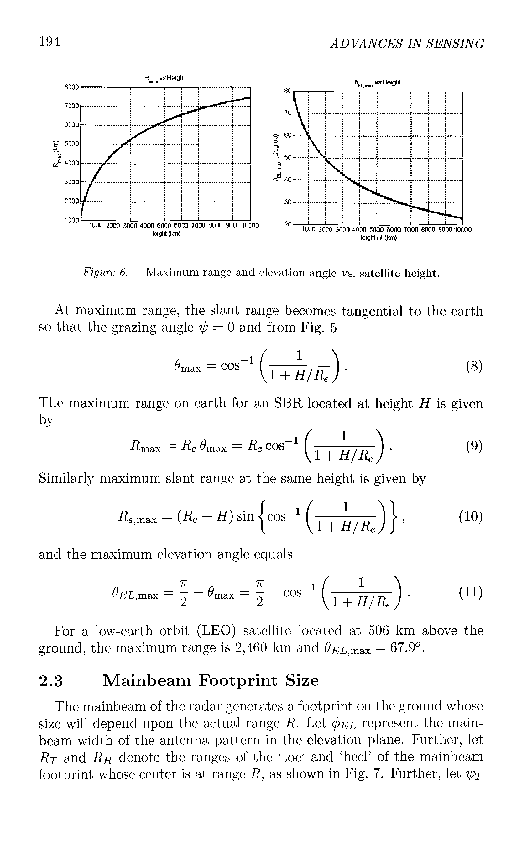 Figure 6. Maximum range and elevation angle vs. satellite height.