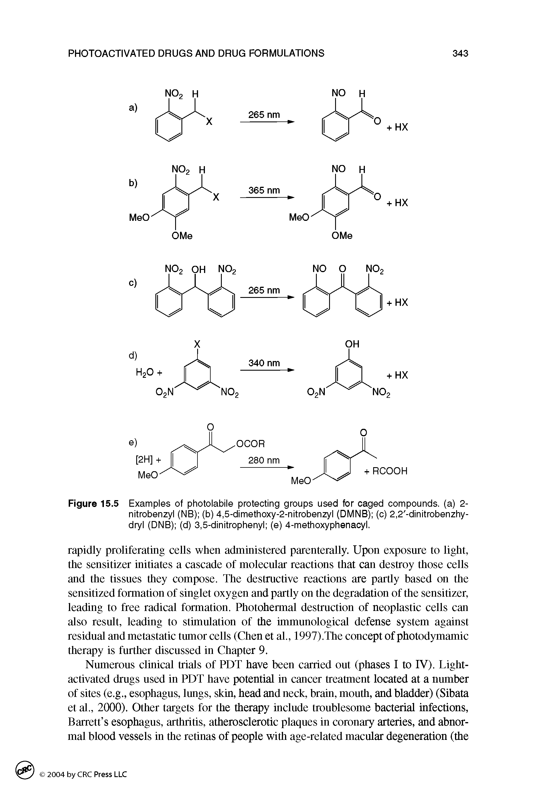 Figure 15.5 Examples of photolabile protecting groups used for caged compounds, (a) 2-nitrobenzyl (NB) (b) 4,5-dimethoxy-2-nitrobenzyl (DMNB) (c) 2,2 -dinitrobenzhy-dryl (DNB) (d) 3,5-dinitrophenyl (e) 4-methoxyphenacyl.