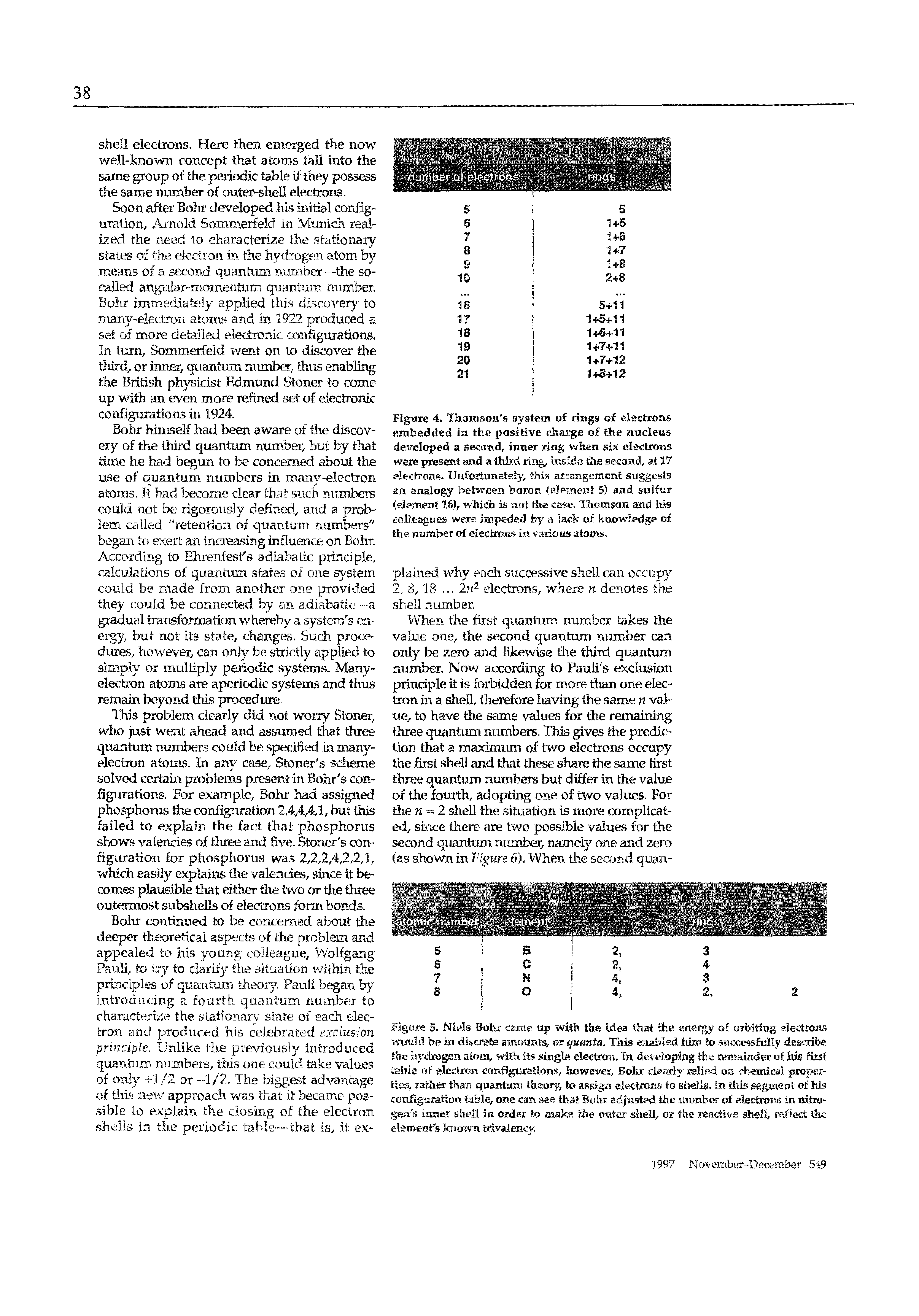 Figure 5. Niels Bohr came up with the idea that the energy of orbiting electrons would be in discrete amounts, or quanta. This enabled him to successfully describe the hydrogen atom, with its single electron, In developing the remainder of his first table of electron configurations, however, Bohr clearly relied on chemical properties, rather than quantum theory, to assign electrons to shells. In this segment of his configuration table, one can see that Bohr adjusted the number of electrons in nitrogen s inner shell in order to make the outer shell, or the reactive shell, reflect the element s known trivalency.