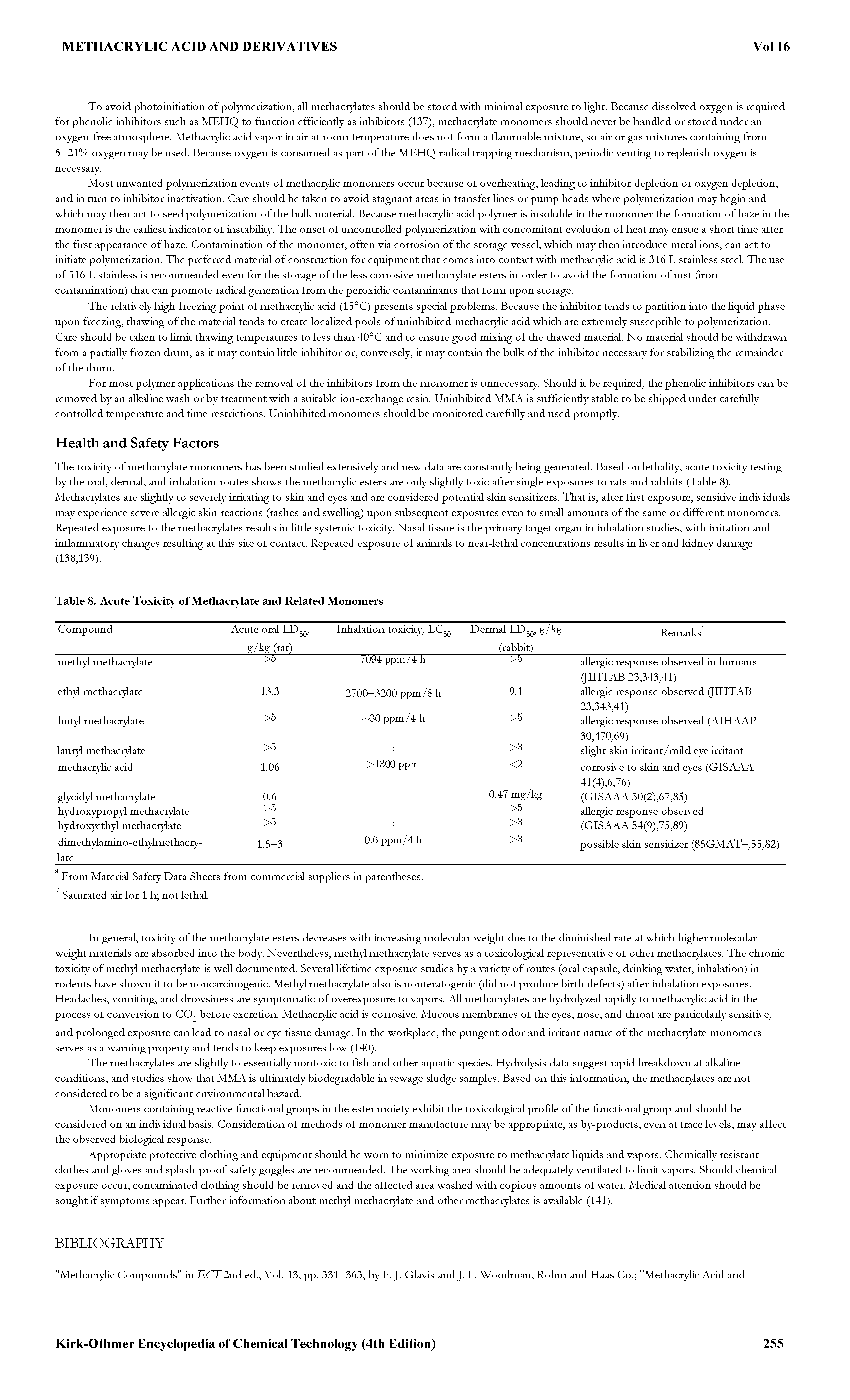 Table 8. Acute Toxicity of Methacrylate and Related Monomers...