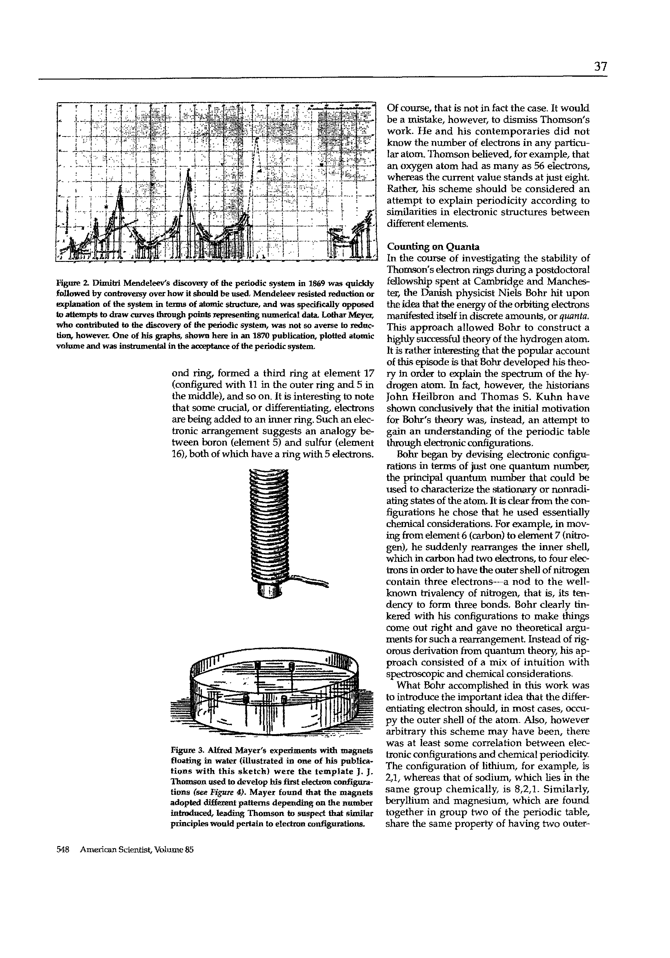 Figure 3. Alfred Mayer s experiments with magnets floating in water (illustrated in one of his publications with this sketch) were the template J. J. Thomson used to develop hi9 first electron configurations (see Figure 4. Mayer found that the magnets adopted different patterns depending on the number introduced, leading Thomson to suspect that similar principles would pertain to electron configurations.