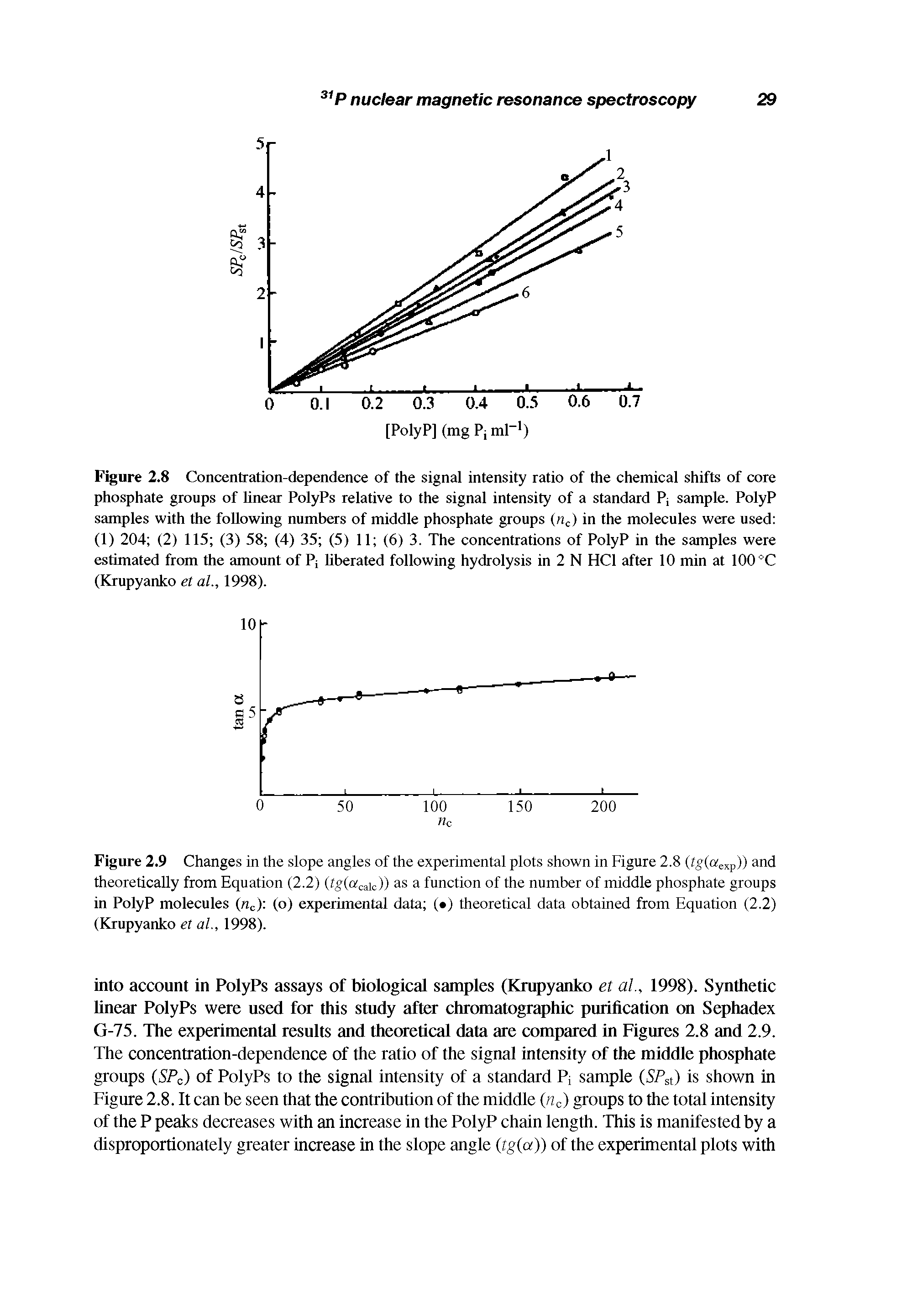 Figure 2.9 Changes in the slope angles of the experimental plots shown in Figure 2.8 (ig(aexp)) and theoretically from Equation (2.2) (tg acaic)) as a function of the number of middle phosphate groups in PolyP molecules (nc) (o) experimental data ( ) theoretical data obtained from Equation (2.2) (Krupyanko et al., 1998).
