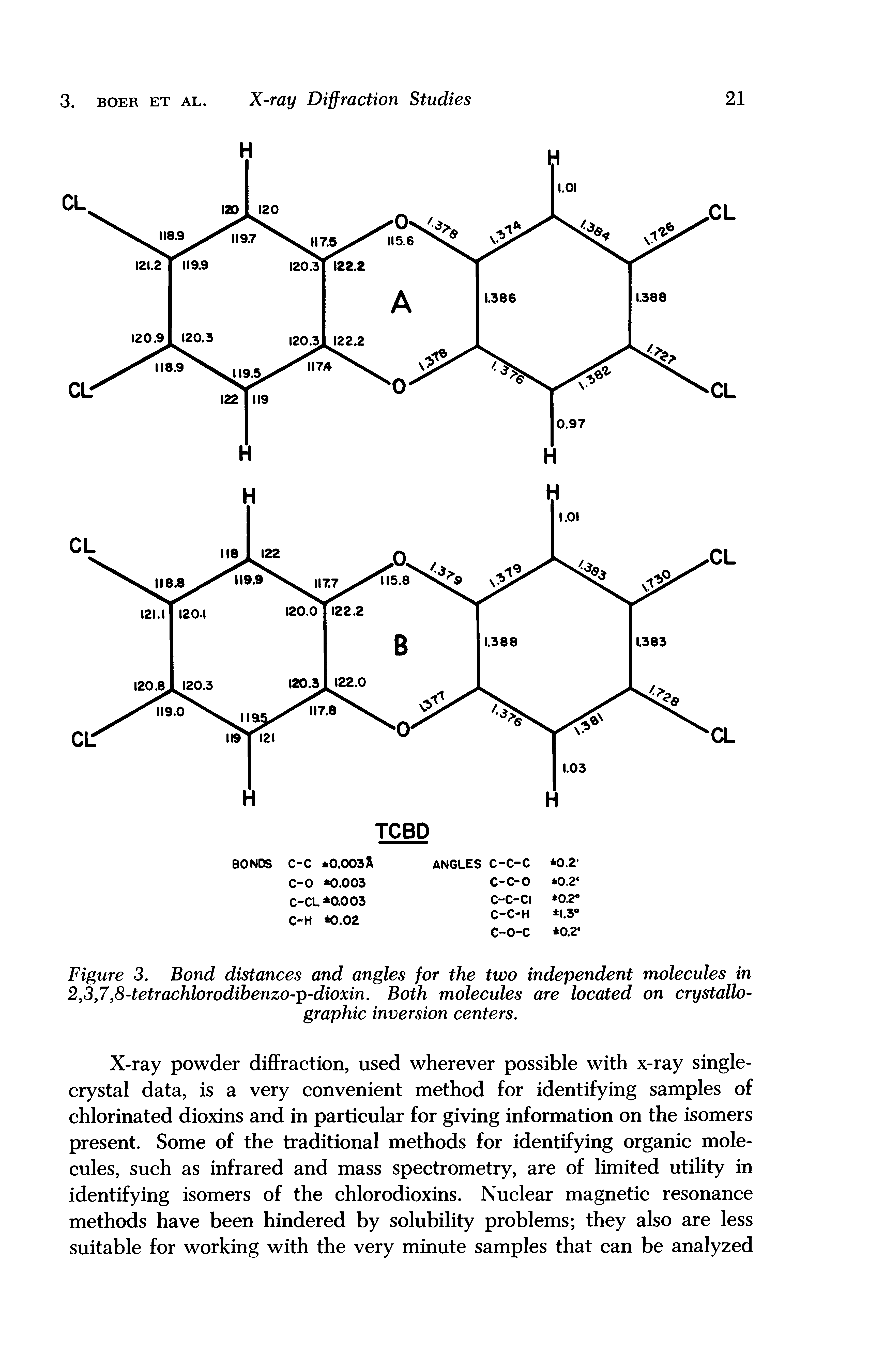 Figure 3. Bond distances and angles for the two independent molecules in 2,3,7,8-tetrachlorodihenzo-p-dioxin. Both molecules are located on crystallographic inversion centers.